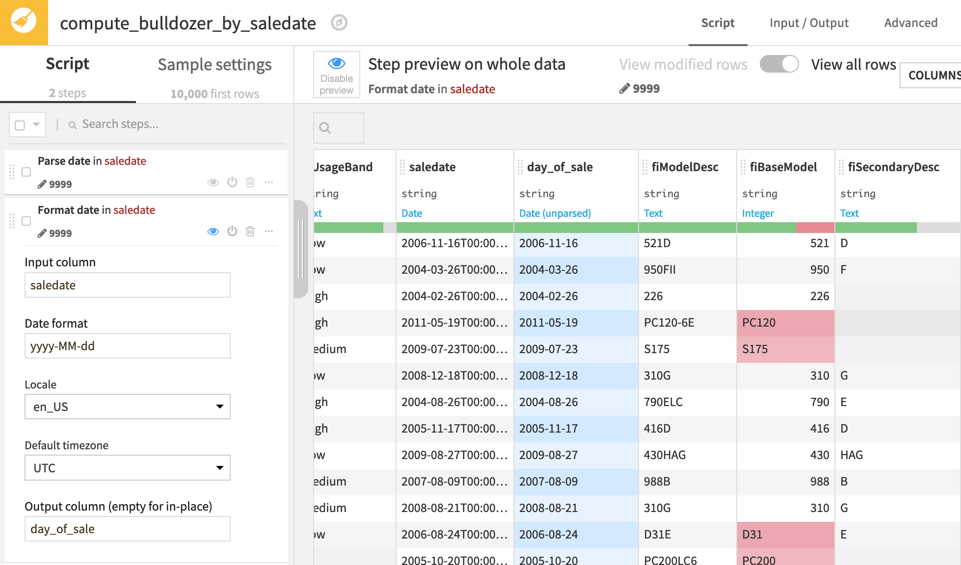 Dataiku screenshot of a Prepare recipe step formatting a date.