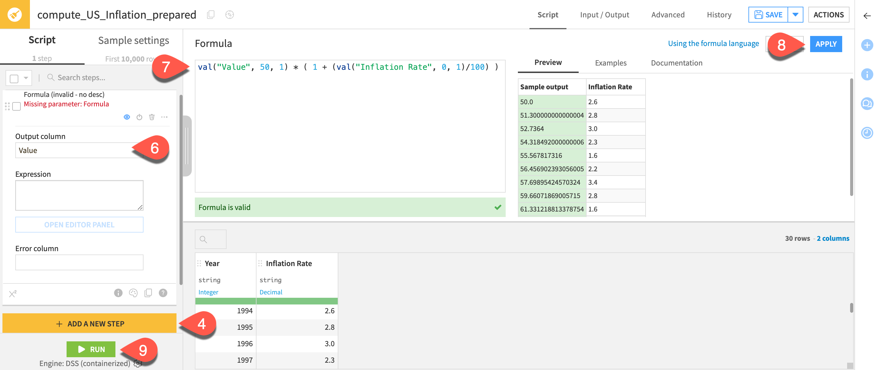 Dataiku screenshot of the compound inflation formula in the Editor panel of the formula processor.