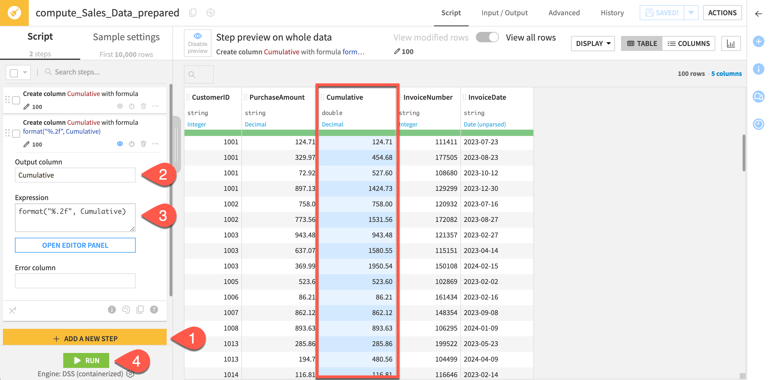 Dataiku screenshot of the format function in a formula step.