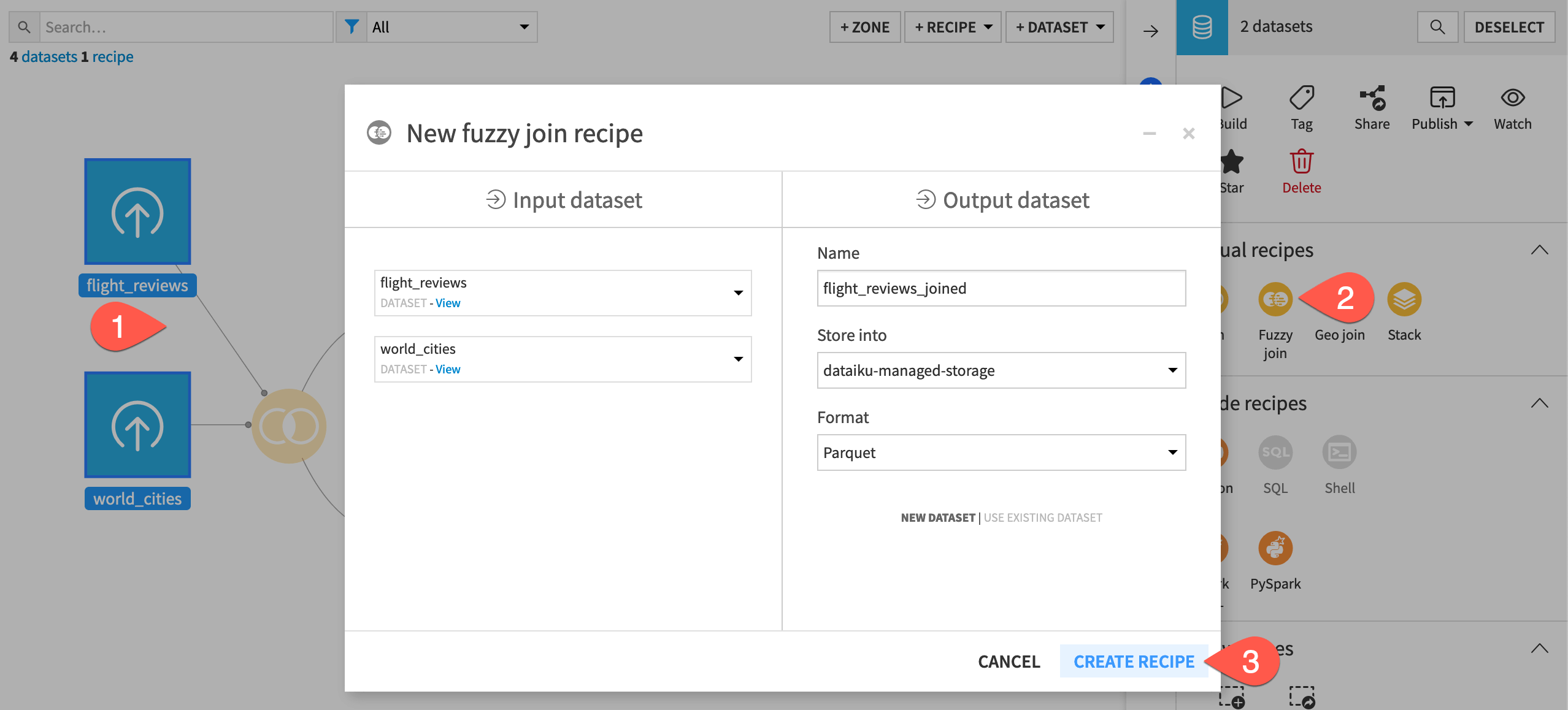 Dataiku screenshot of the dialog to create a Fuzzy join recipe.