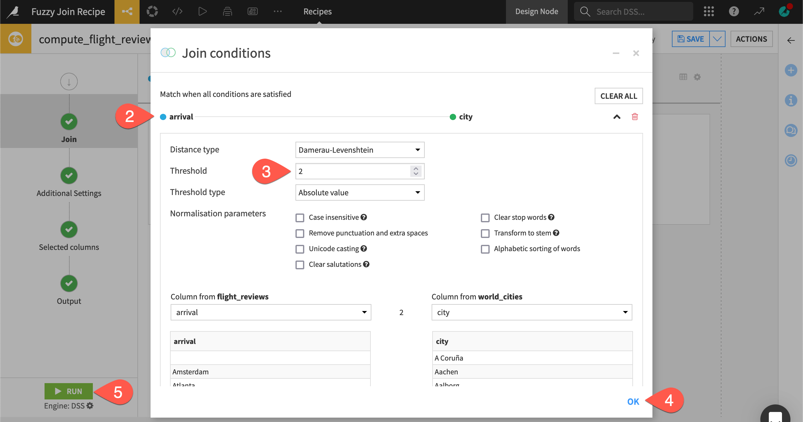 Dataiku screenshot of the join condition dialog of a Fuzzy join recipe.