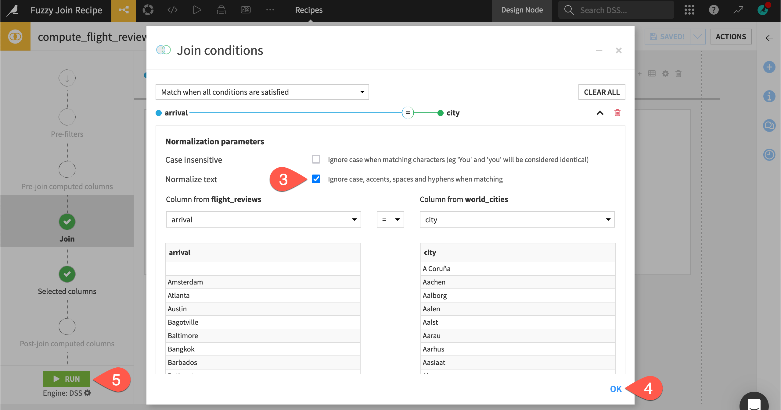 Dataiku screenshot of a Join condition in a Join recipe.