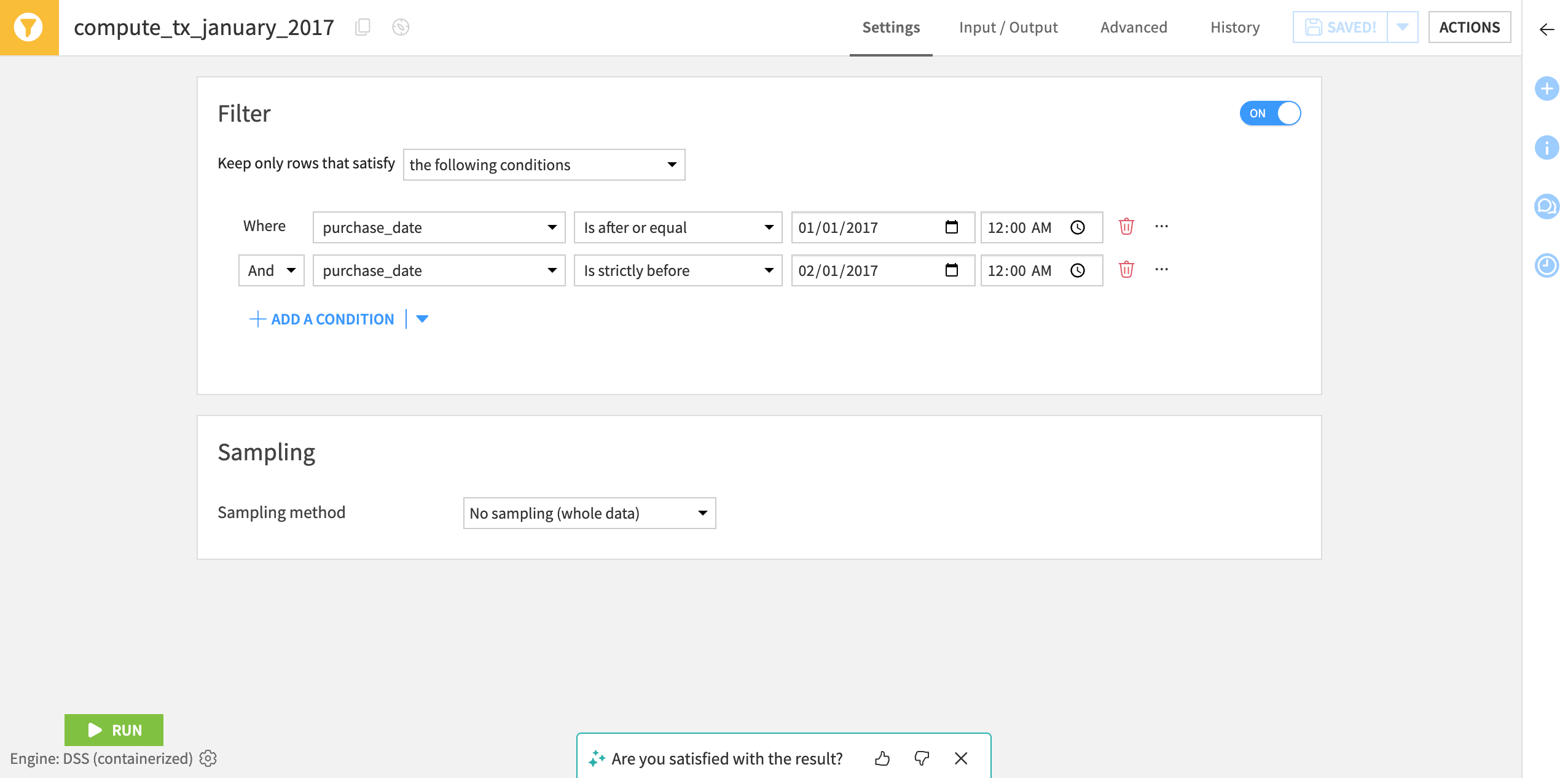 The configuration page for the Sample/Filter recipe.