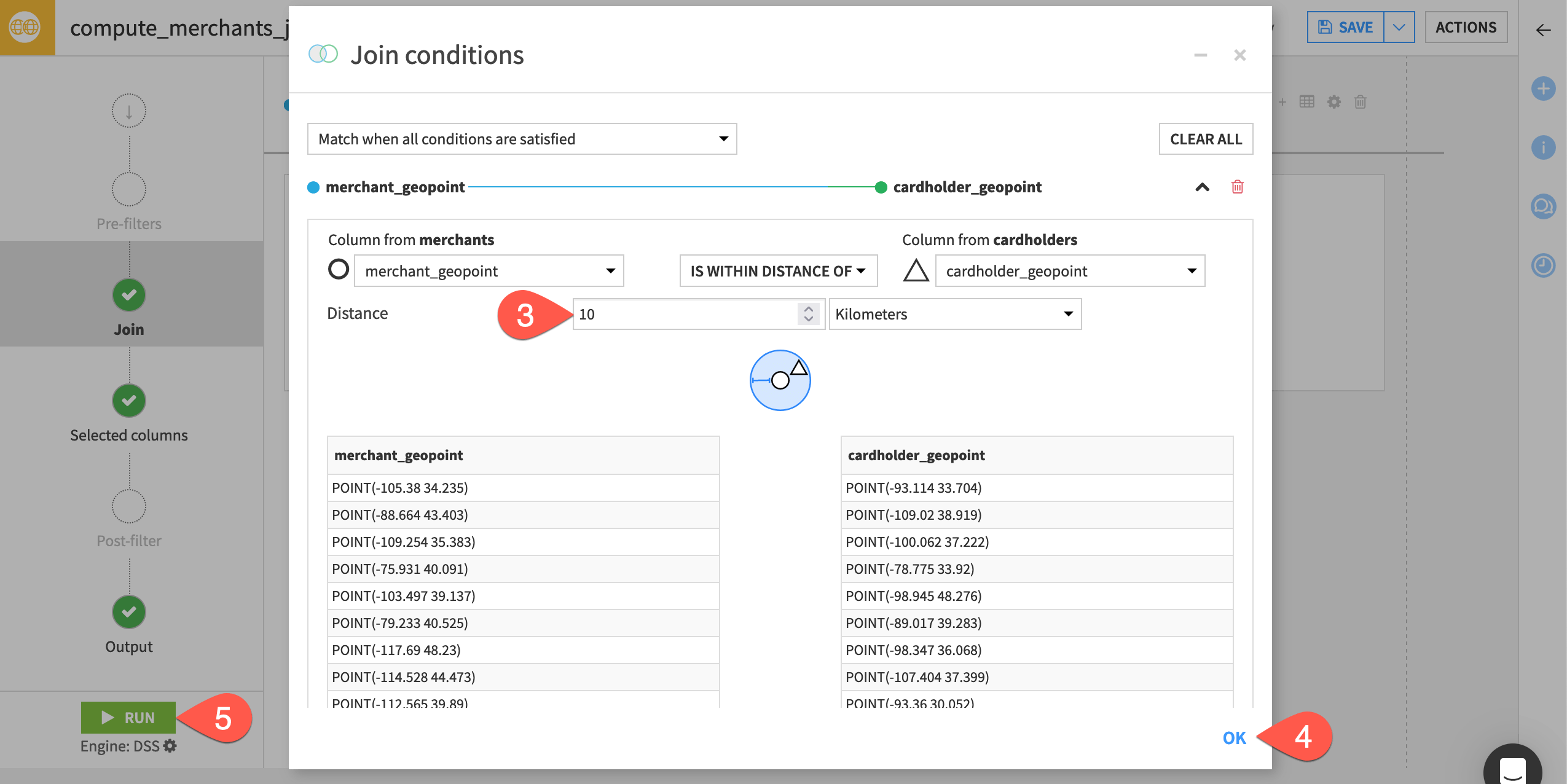 Dataiku screenshot of the join condition of a Geo join recipe.