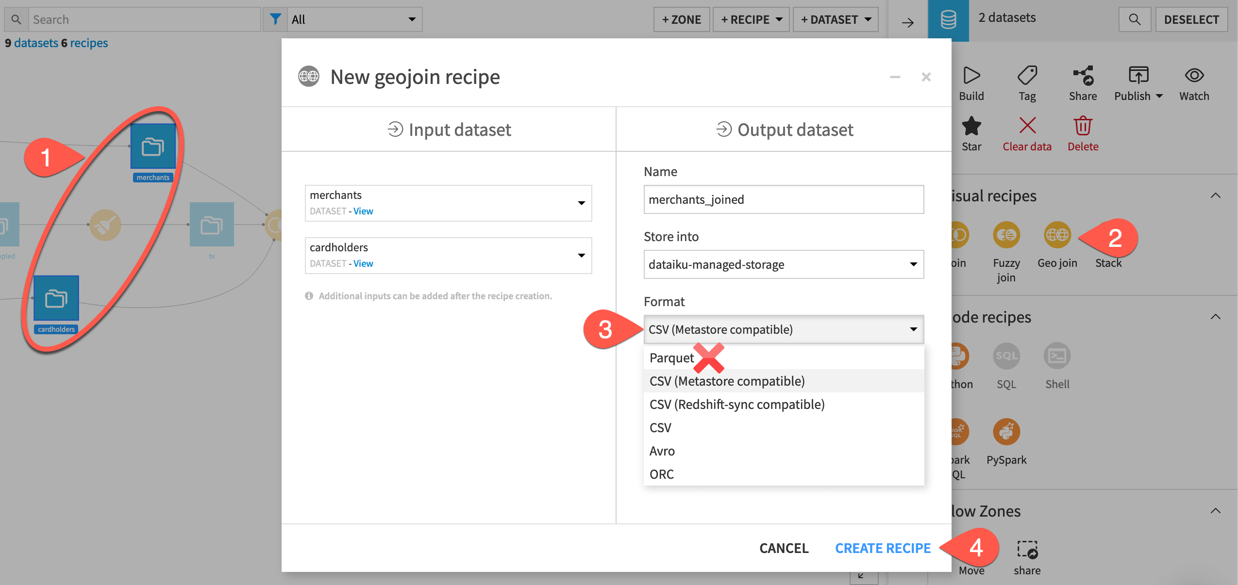 Dataiku screenshot of the dialog for creating a Geo join recipe.