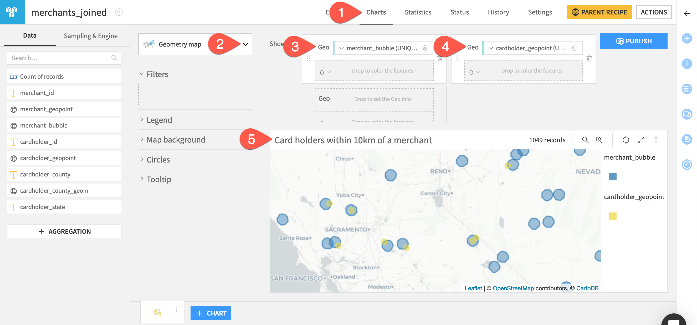 Dataiku screenshot of a map showing points within bubbles.