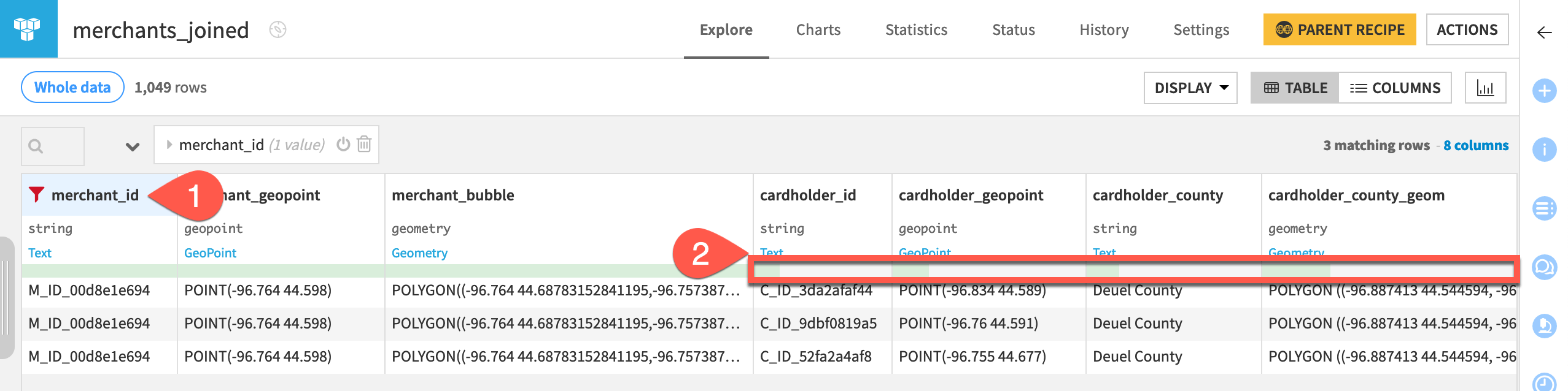 Dataiku screenshot of the output of a Geo join recipe.