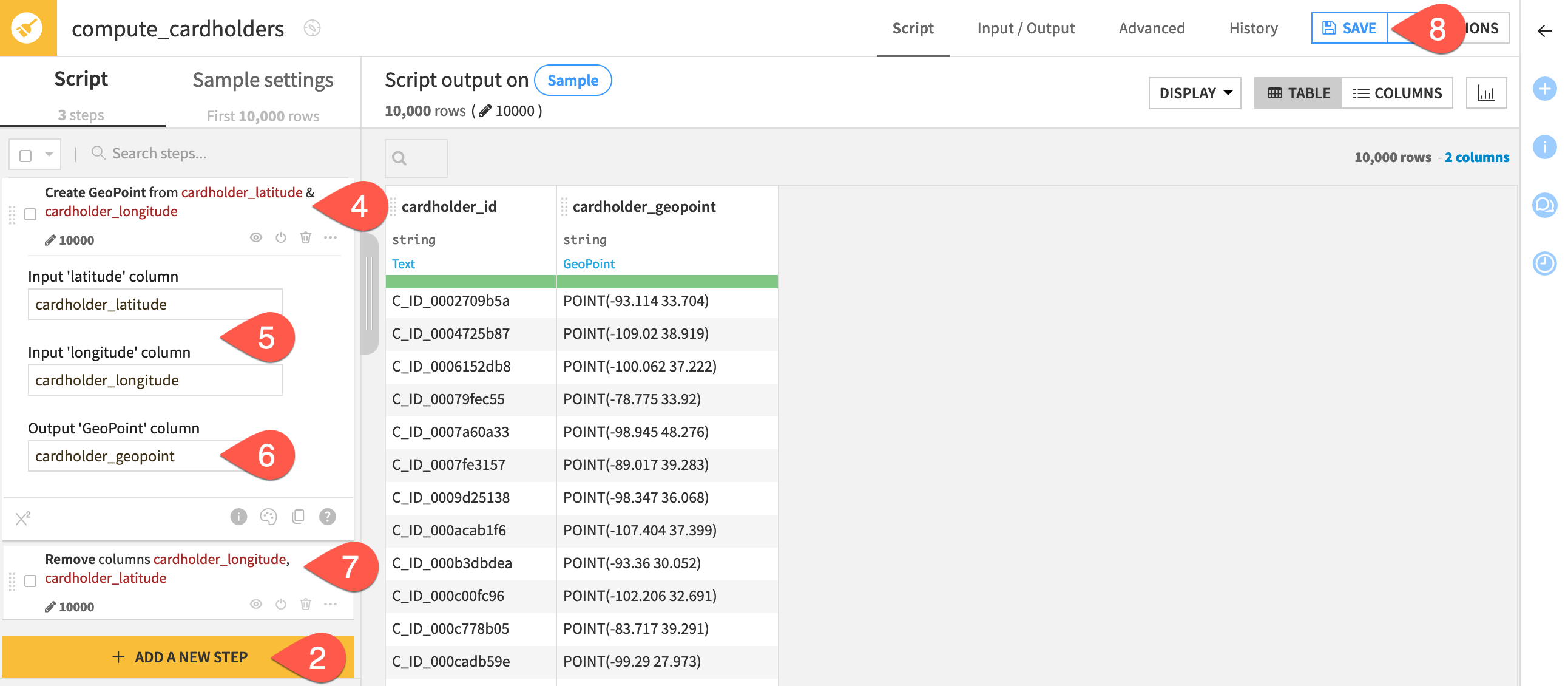 Dataiku screenshot of a Prepare step to add a GeoPoint.