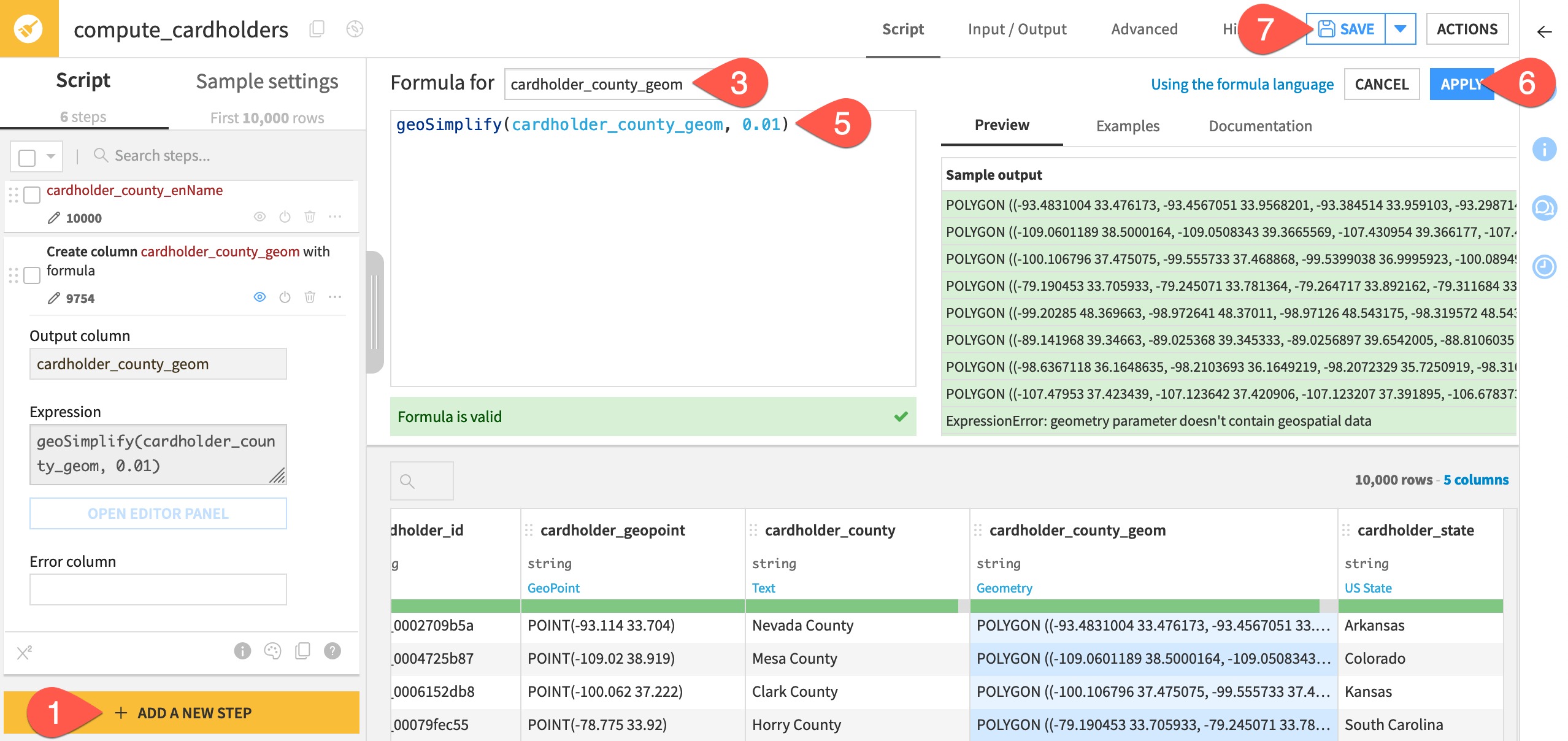 Dataiku screenshot of a geo formula step.