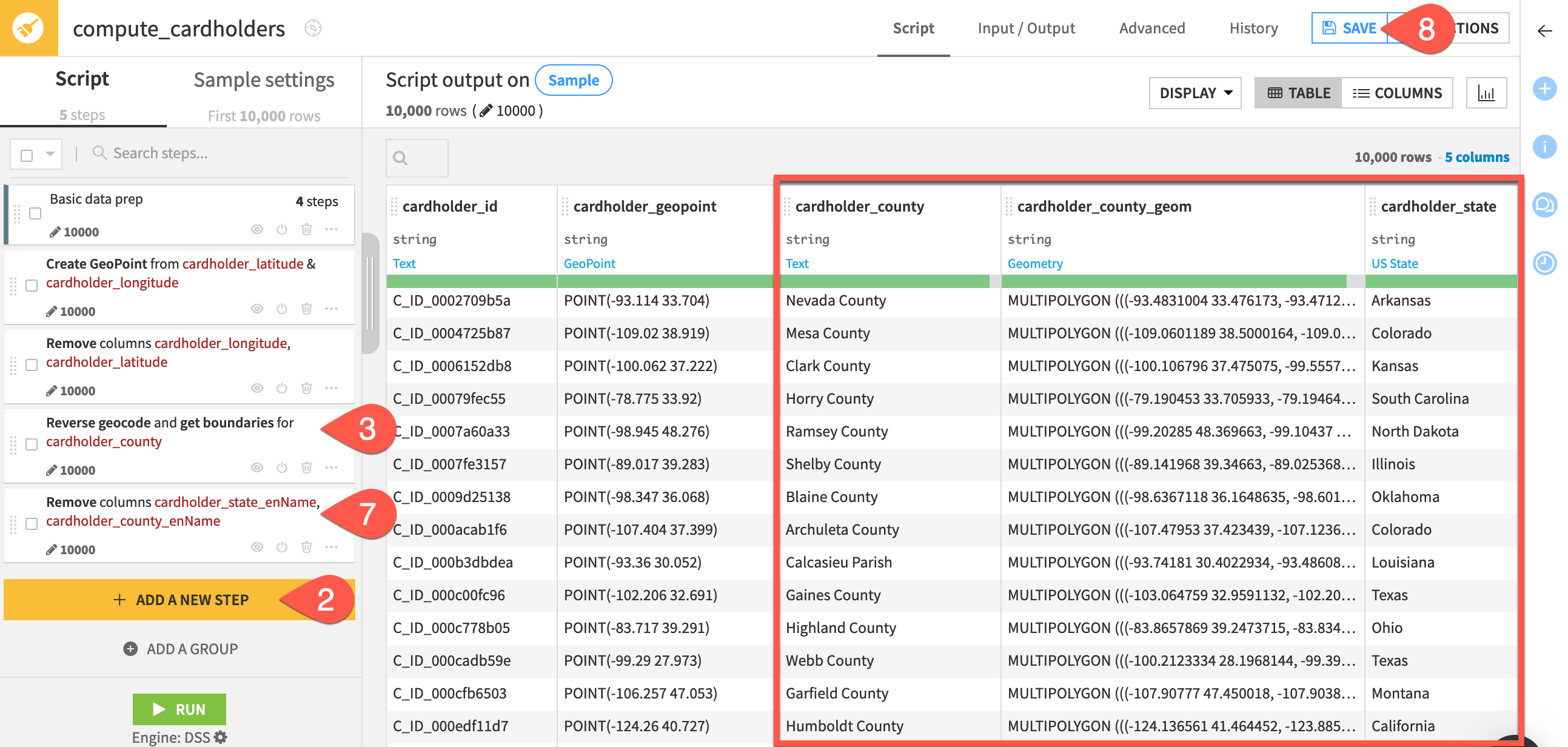 Dataiku screenshot of a reverse geocoding step.