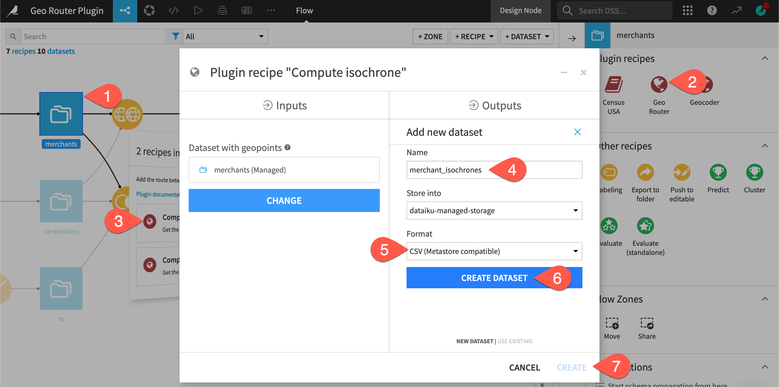 Dataiku screenshot of the dialog for creating a compute isochrone recipe.