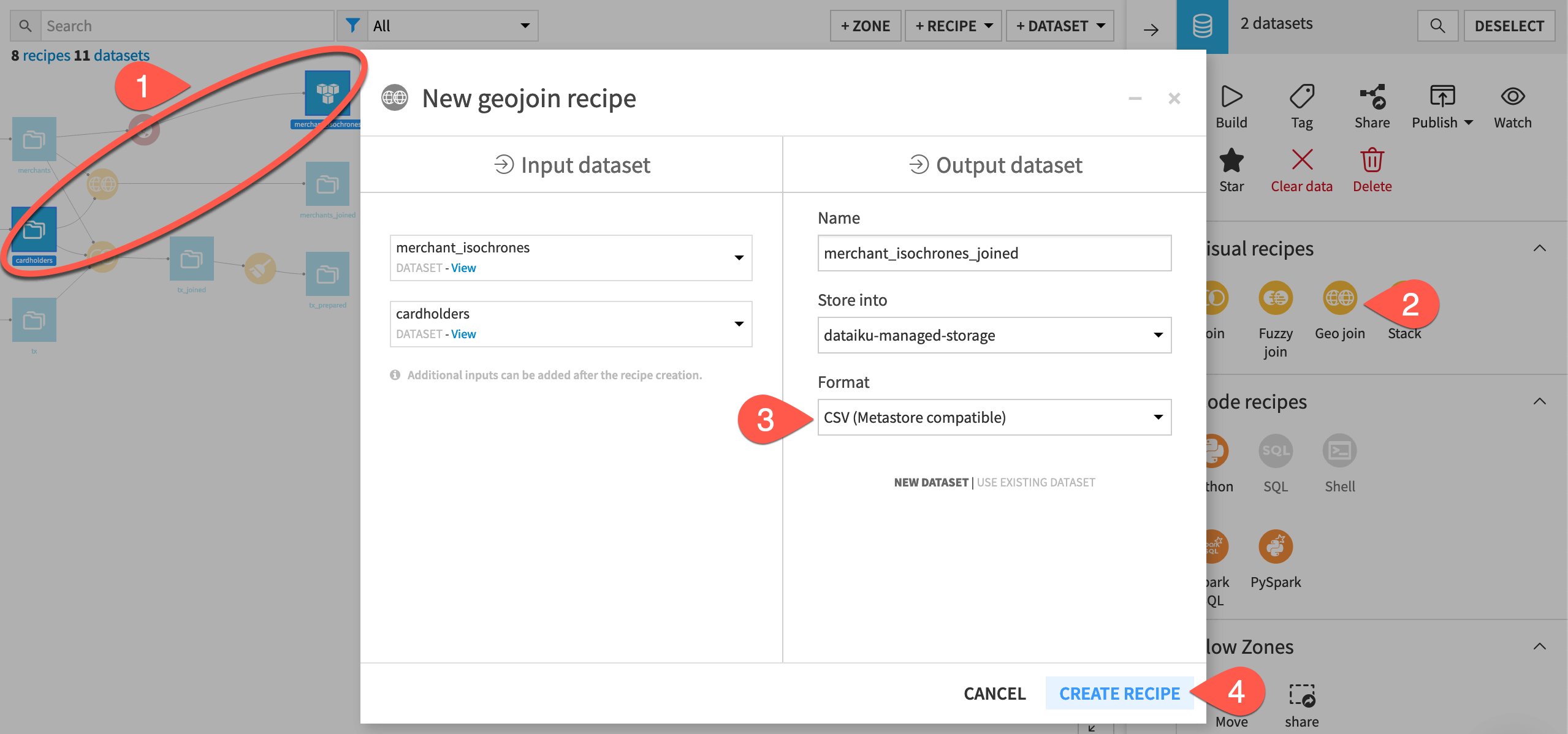 Dataiku screenshot of the creation modal for a Geo join recipe.