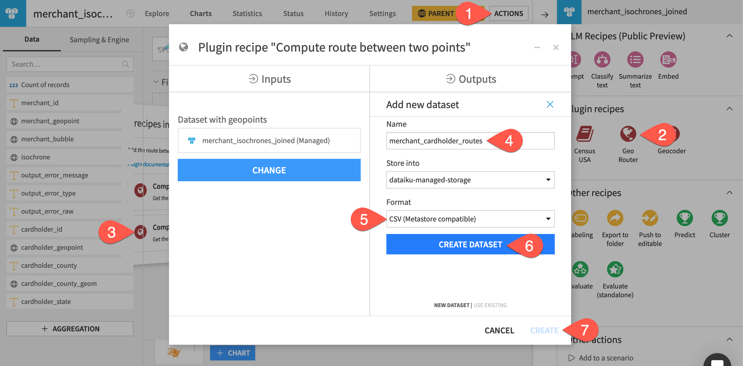 Dataiku screenshot of the dialog for a compute routes recipe.