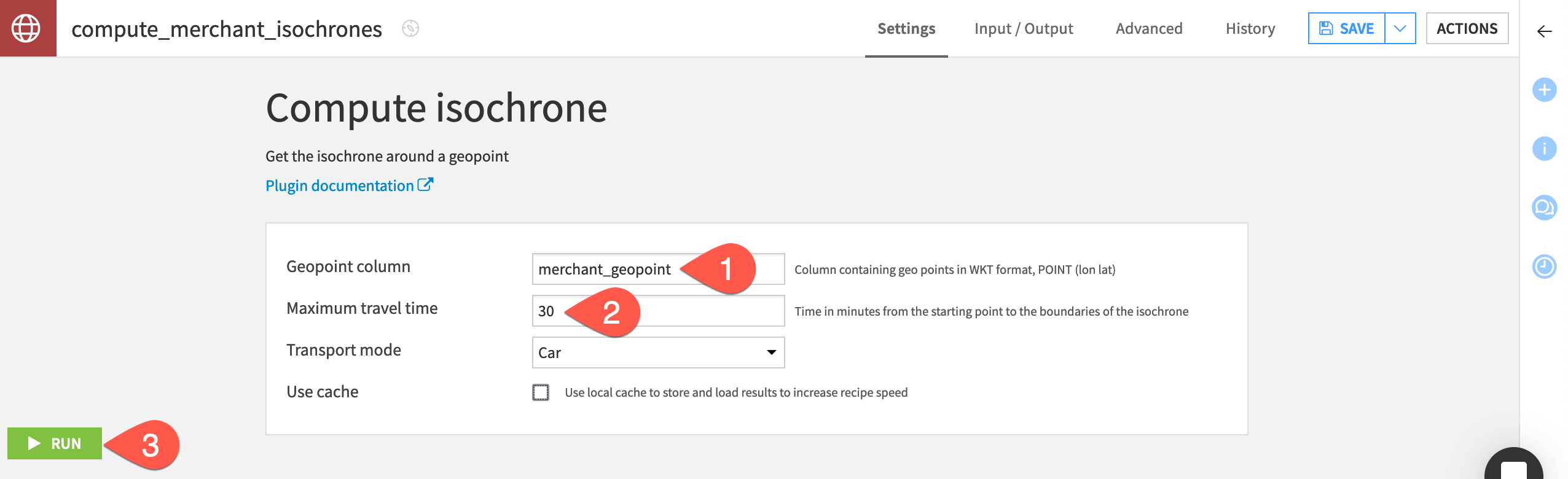 Dataiku screenshot of the settings for a compute isochrone recipe.