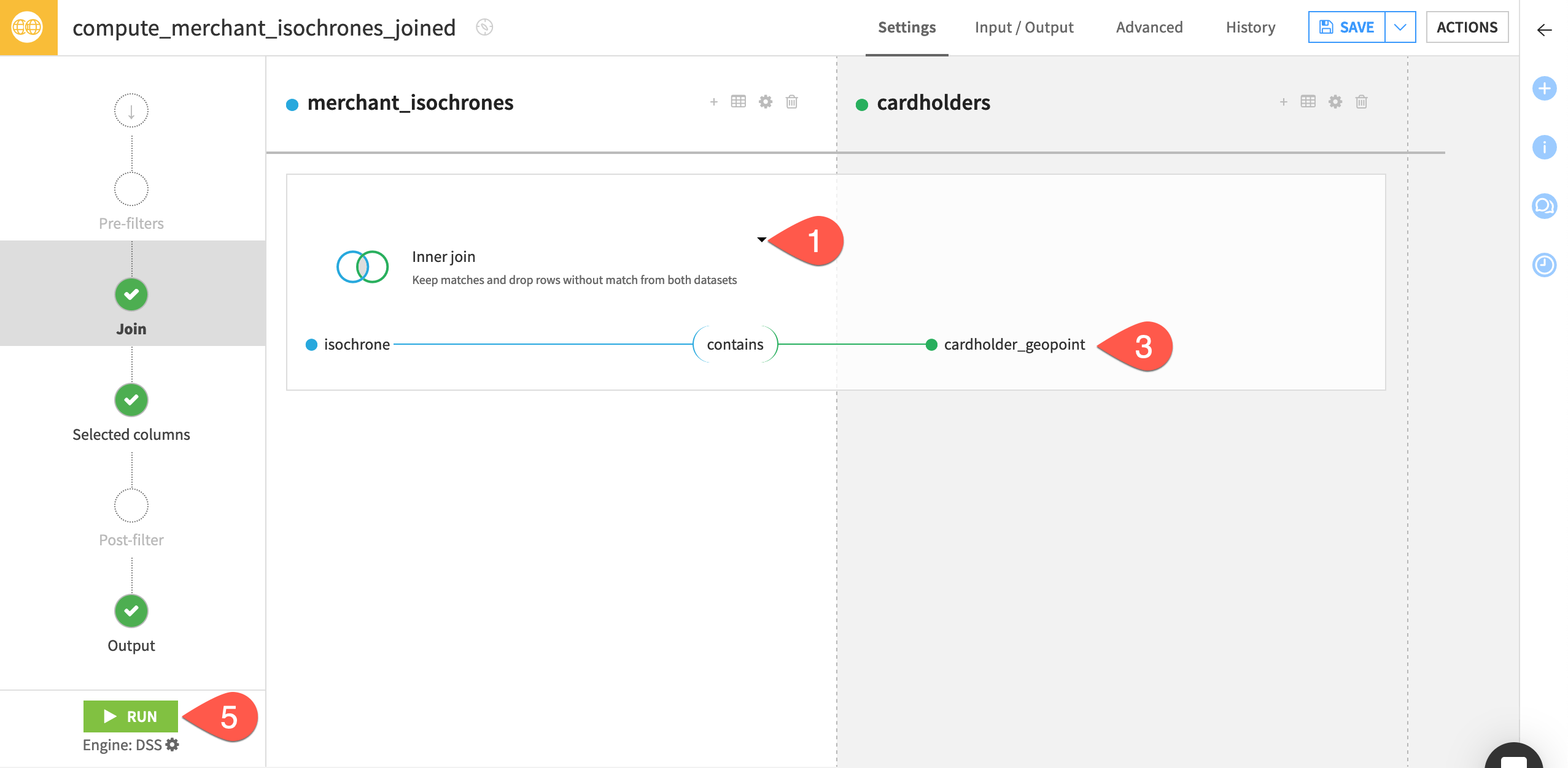 Dataiku screenshot of the settings for a Geo join recipe.