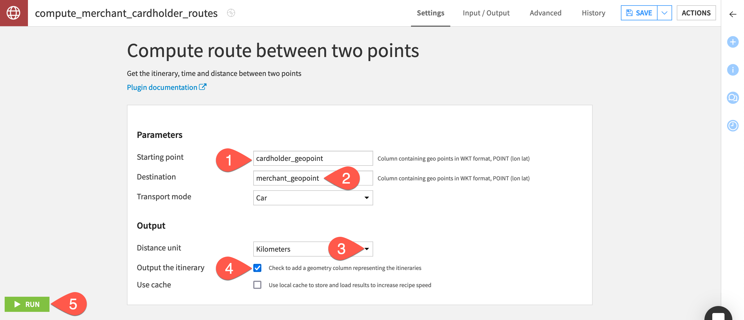 Dataiku screenshot of the settings for a compute routes recipe.