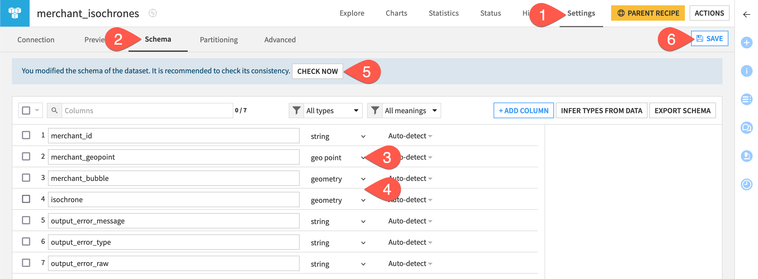 Dataiku screenshot of the schema of a dataset.