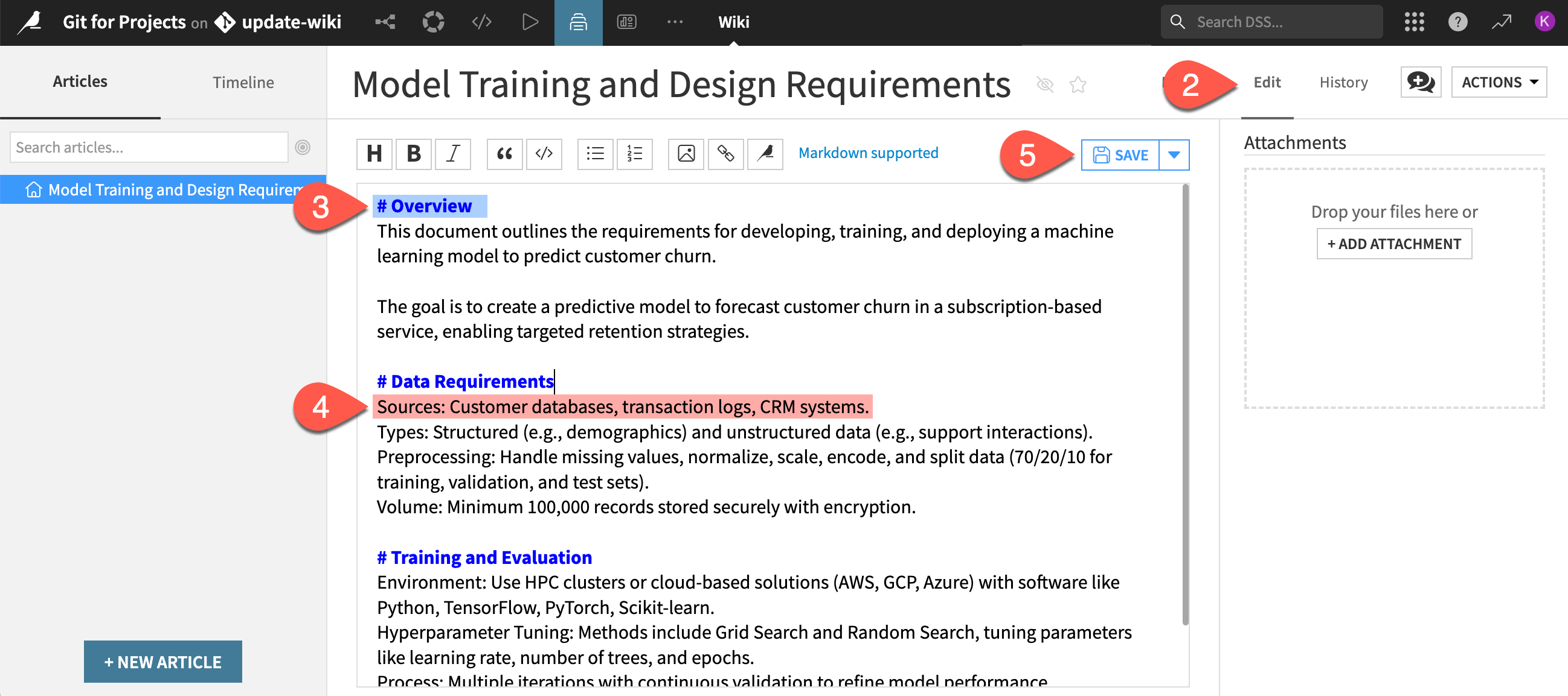 Dataiku screenshot of the edited wiki page on the working branch.