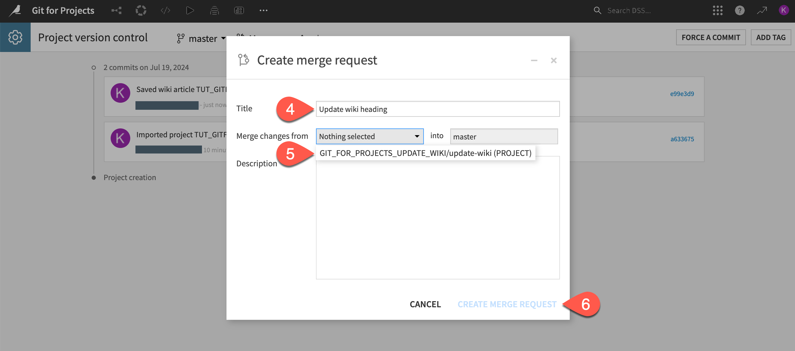 Dataiku screenshot of the create merge request dialogue window.