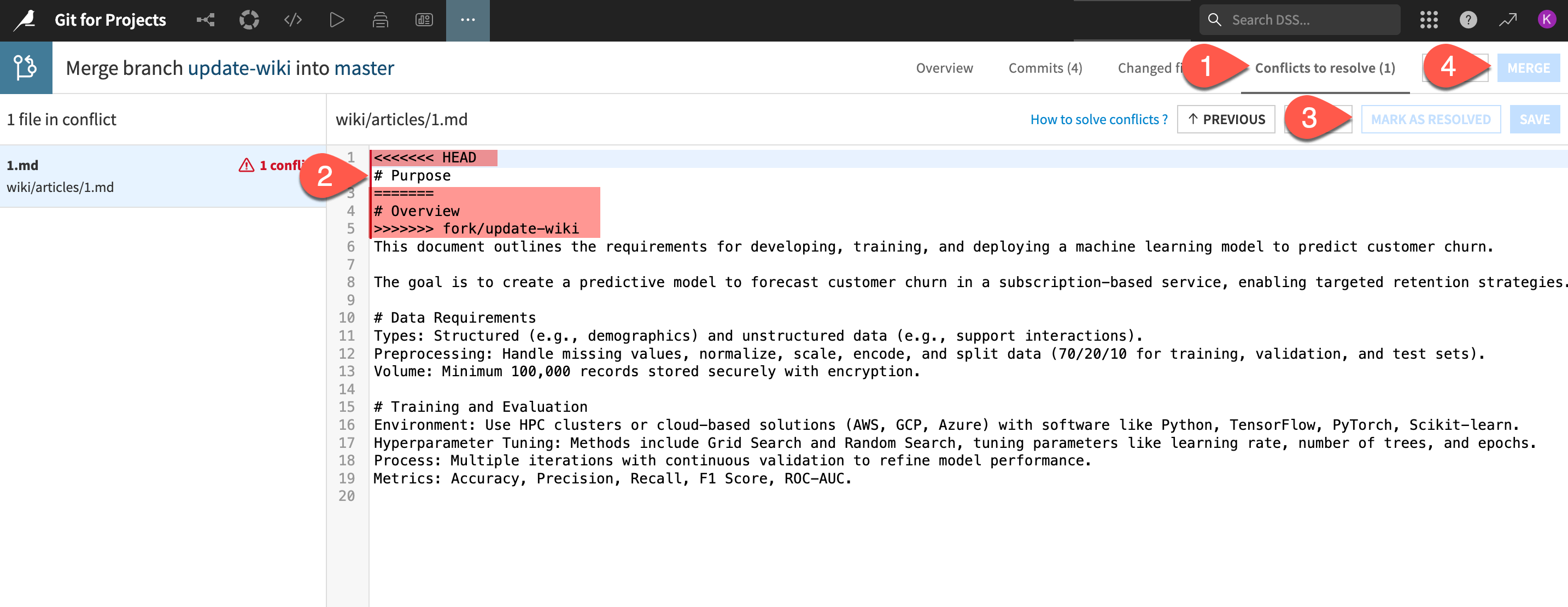 Dataiku screenshot highlighting the lines to delete to resolve the merge conflict.