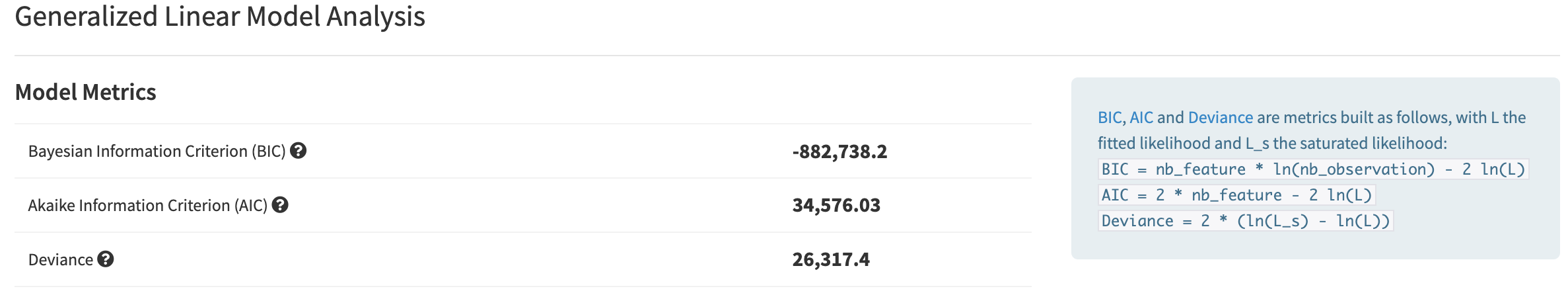 Dataiku screenshot of the GLM metrics made available by the GLM plugin