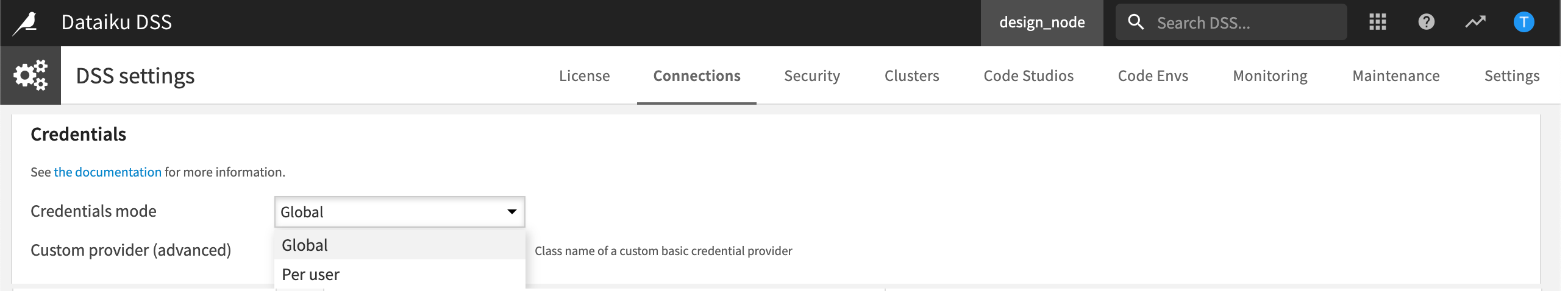 Credentials section of the Connections tab within DSS settings.