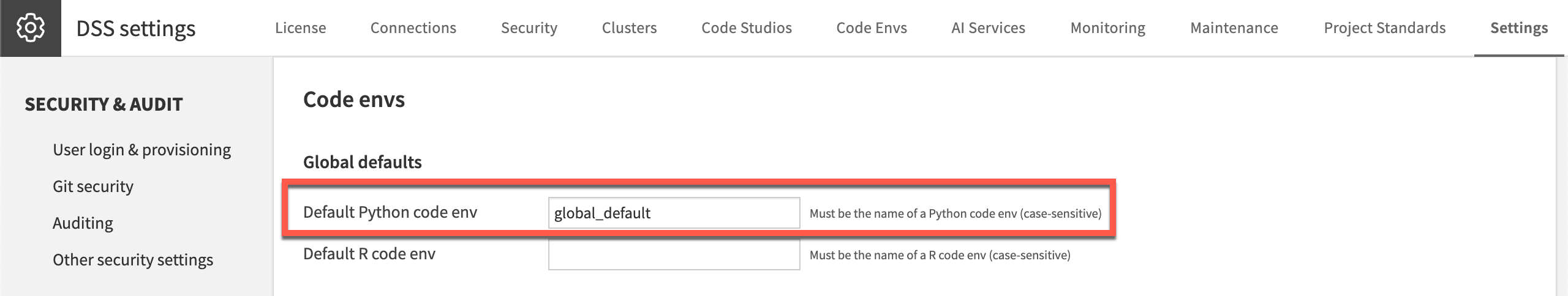 Dataiku screenshot of the global default for code envs.