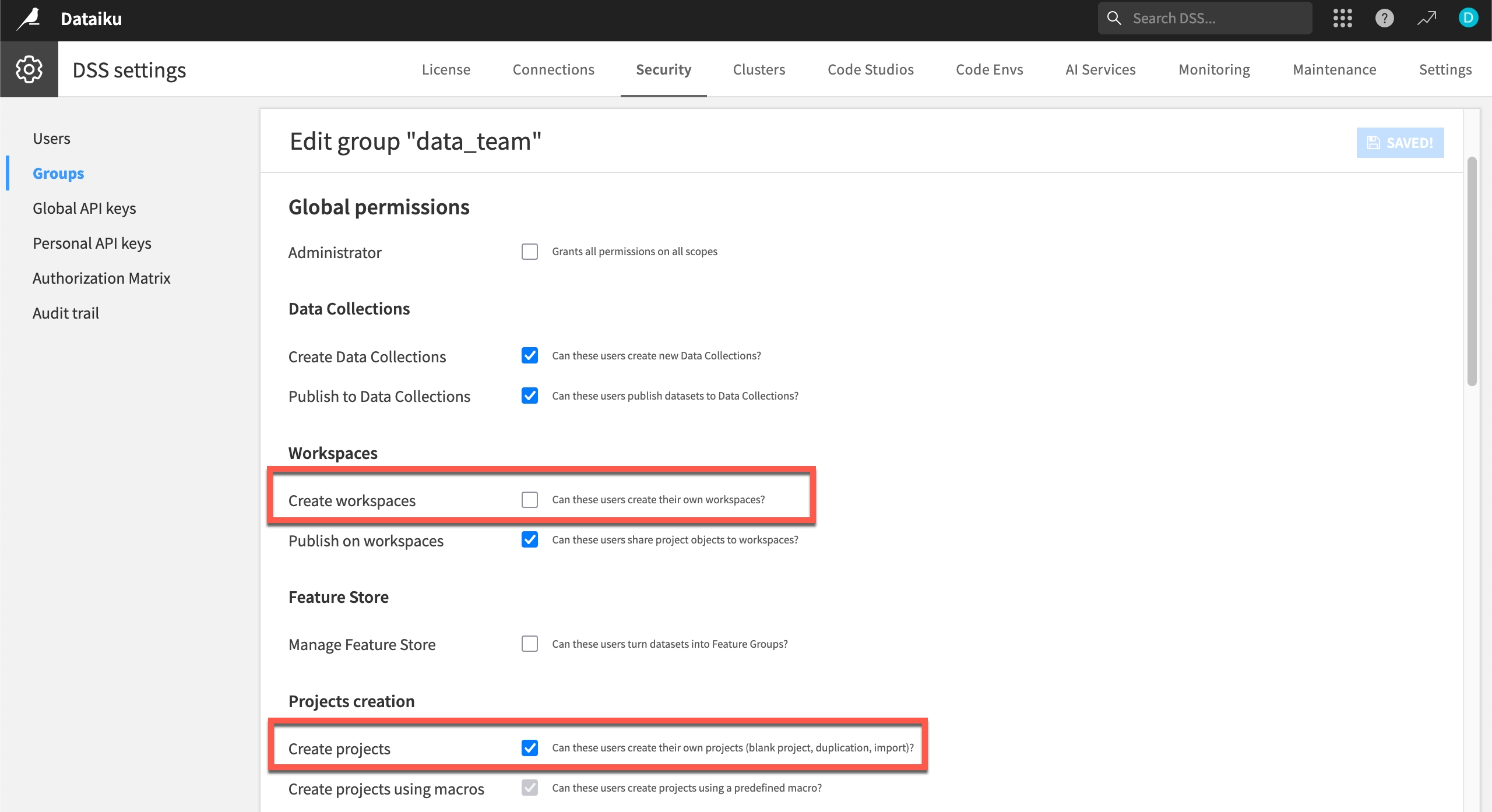 Dataiku screenshot of a group page and its permissions.