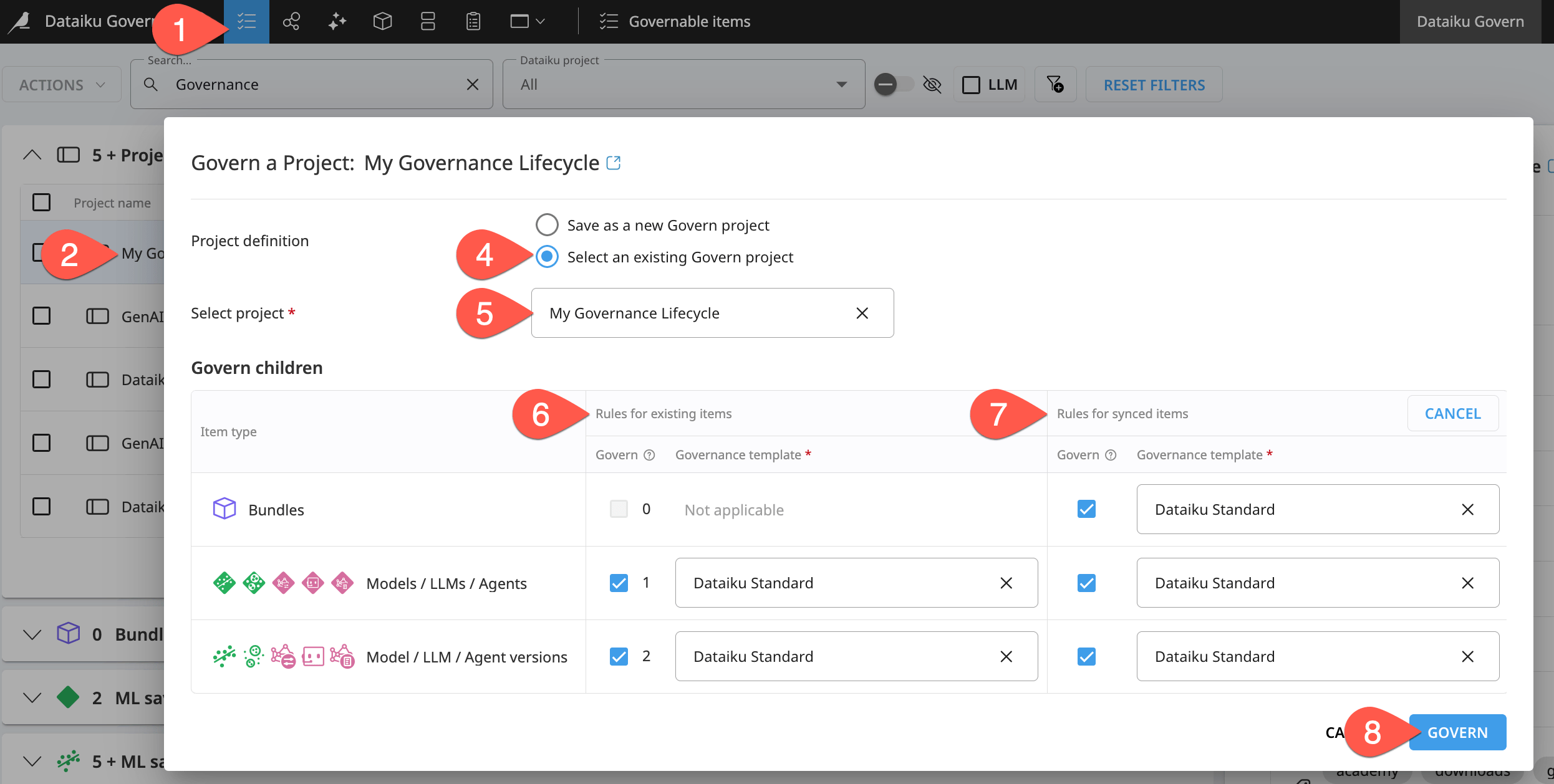 Dataiku screenshot of the dialog for governing an existing project.