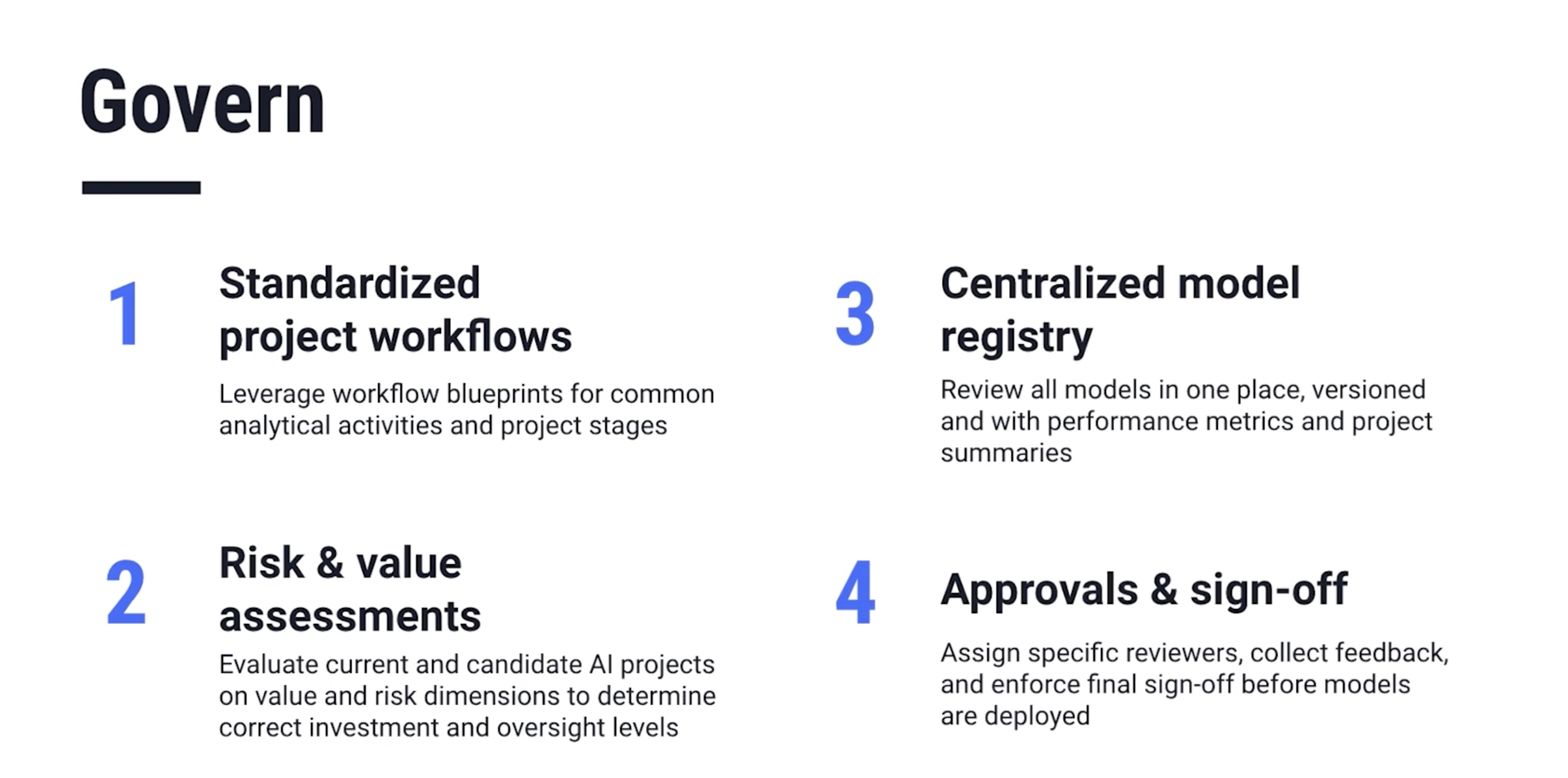 An overview of the four main features of Govern: Standardized project workflows, risk and value assessments, centralized model registry, and approvals and sign-off.