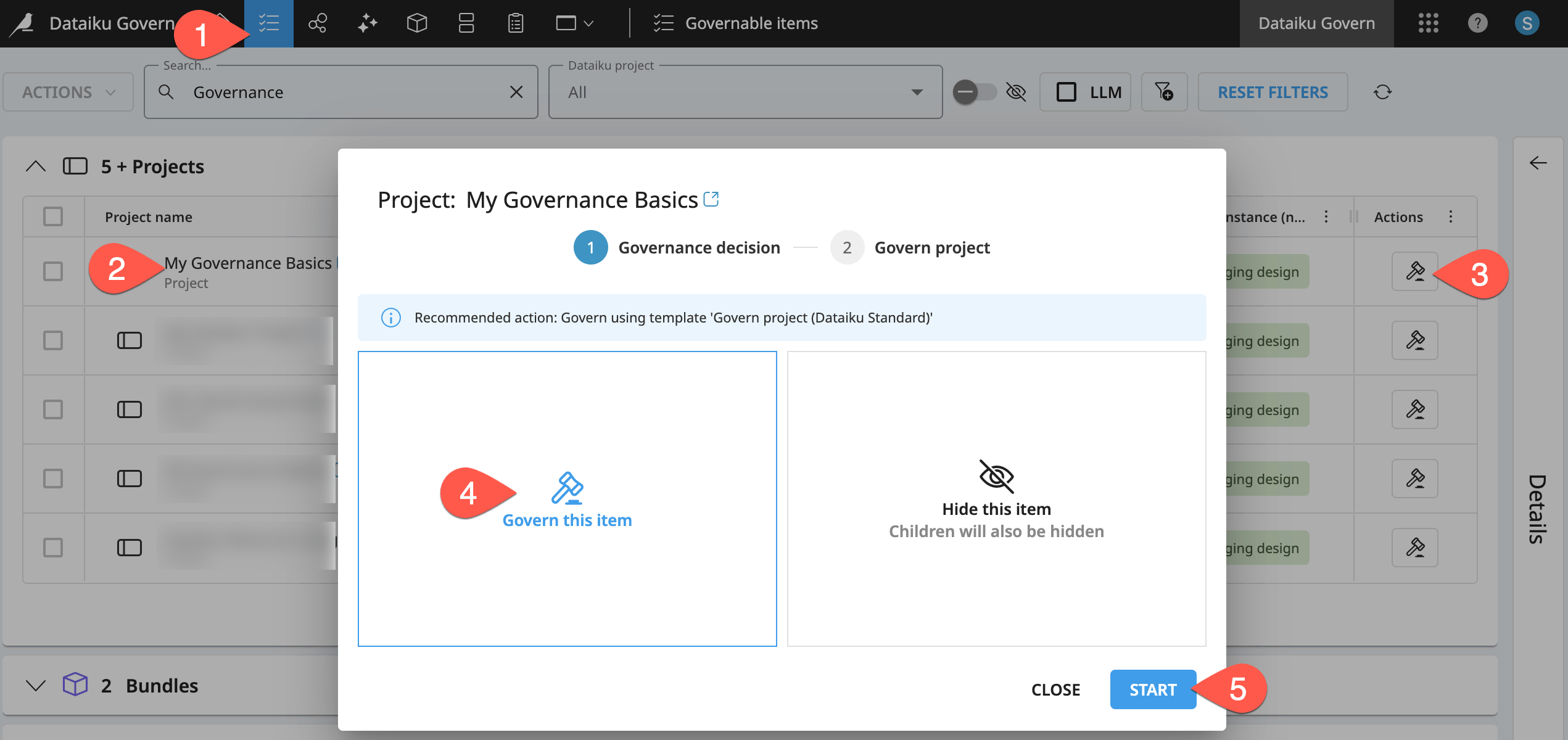 Dataiku screenshot of the modal for governing a project.