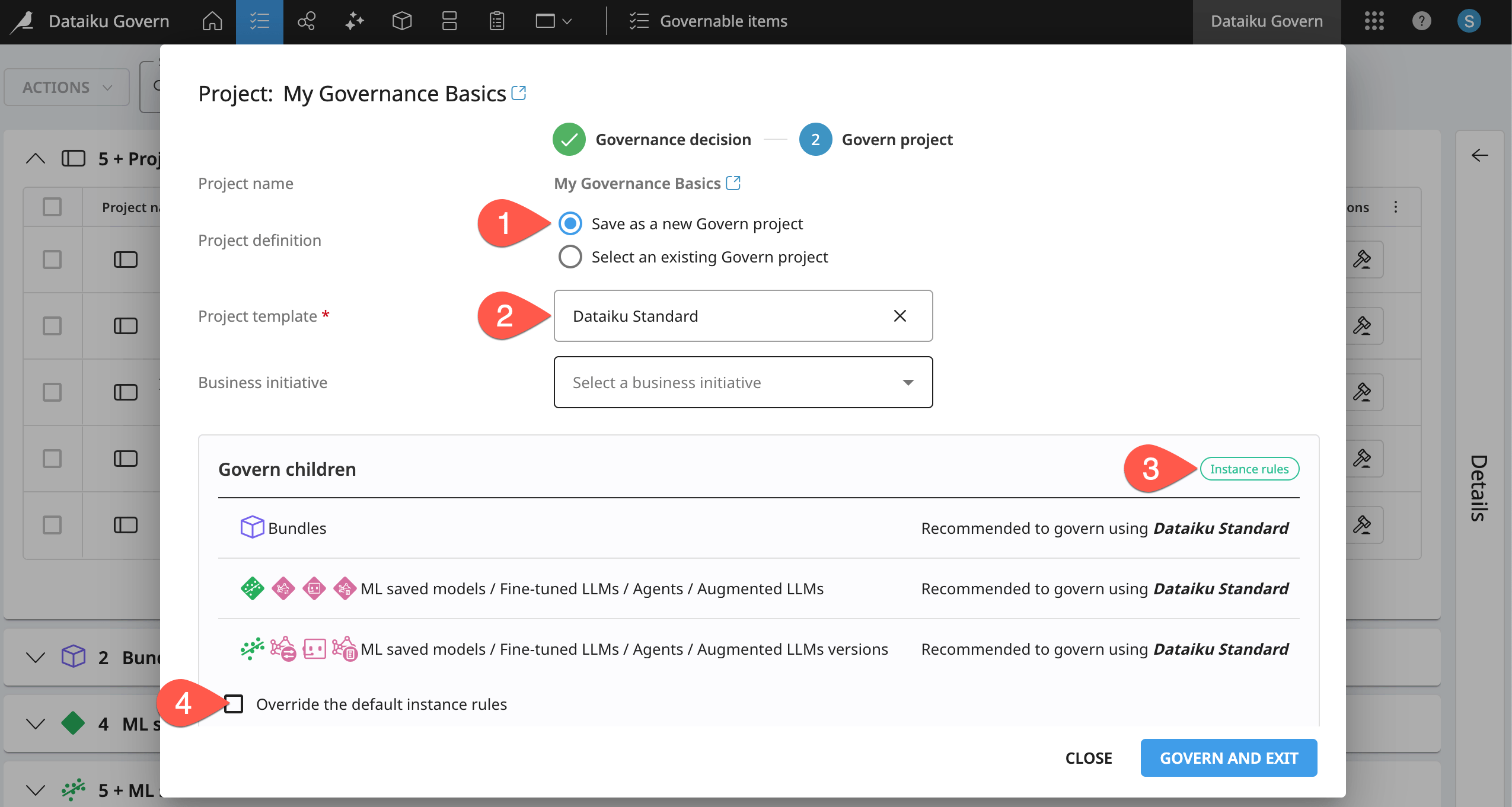 Dataiku screenshot of the modal for configuring Govern project settings.
