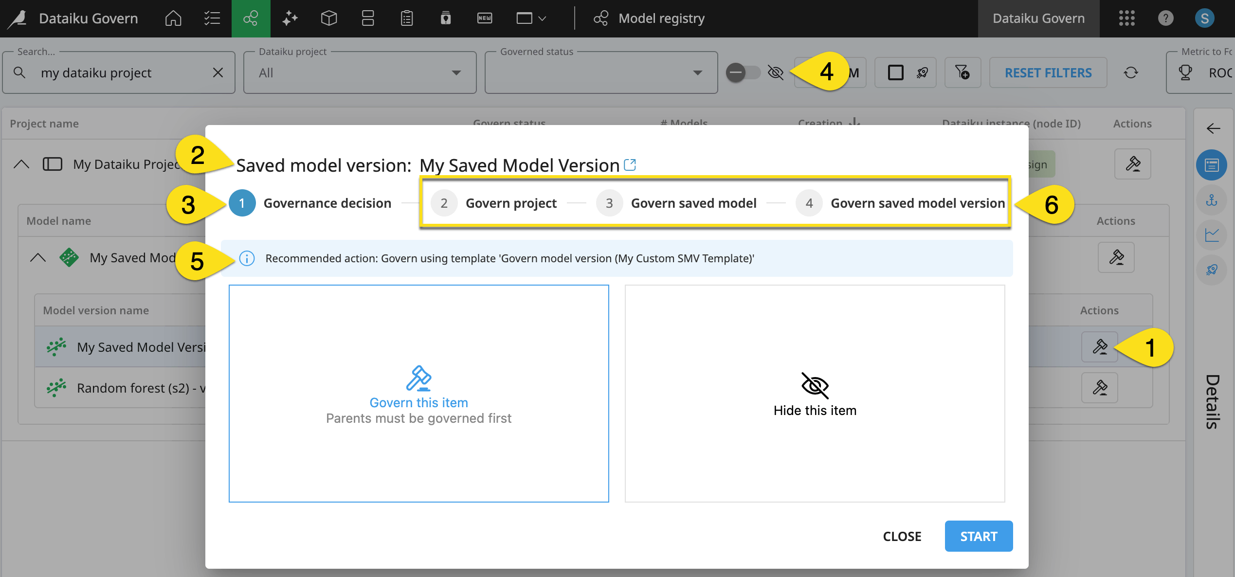 Dataiku screenshot of the first modal when governing an item.