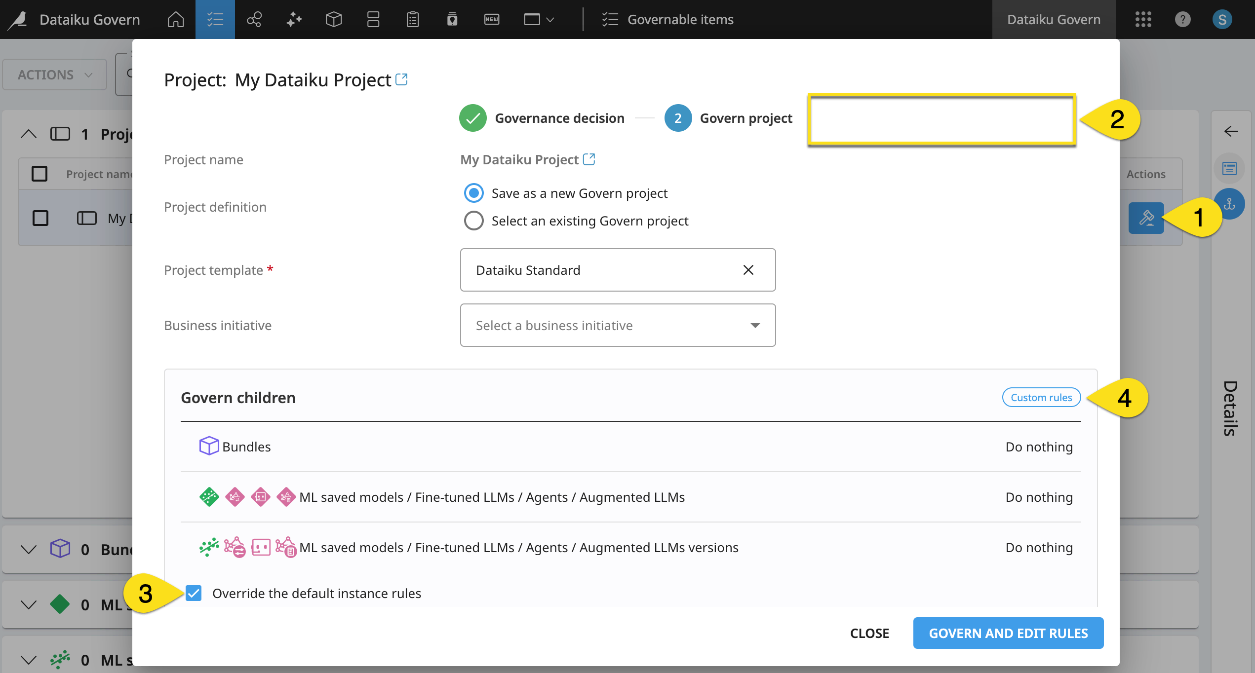 Dataiku screenshot of overridden rules in a Govern modal.