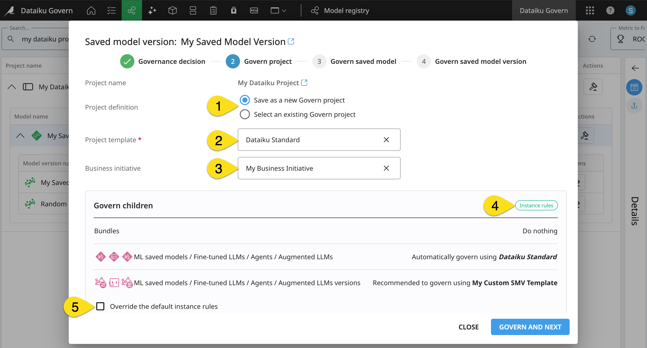 Dataiku screenshot of the governance modal on the Govern project step.
