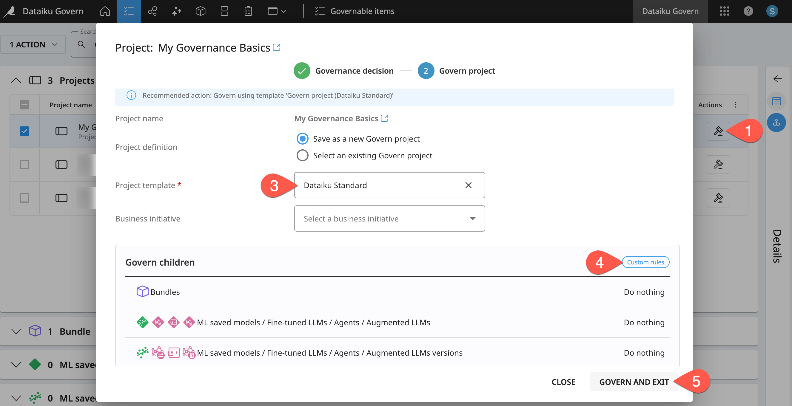 Dataiku screenshot of a governance modal showing custom rules.