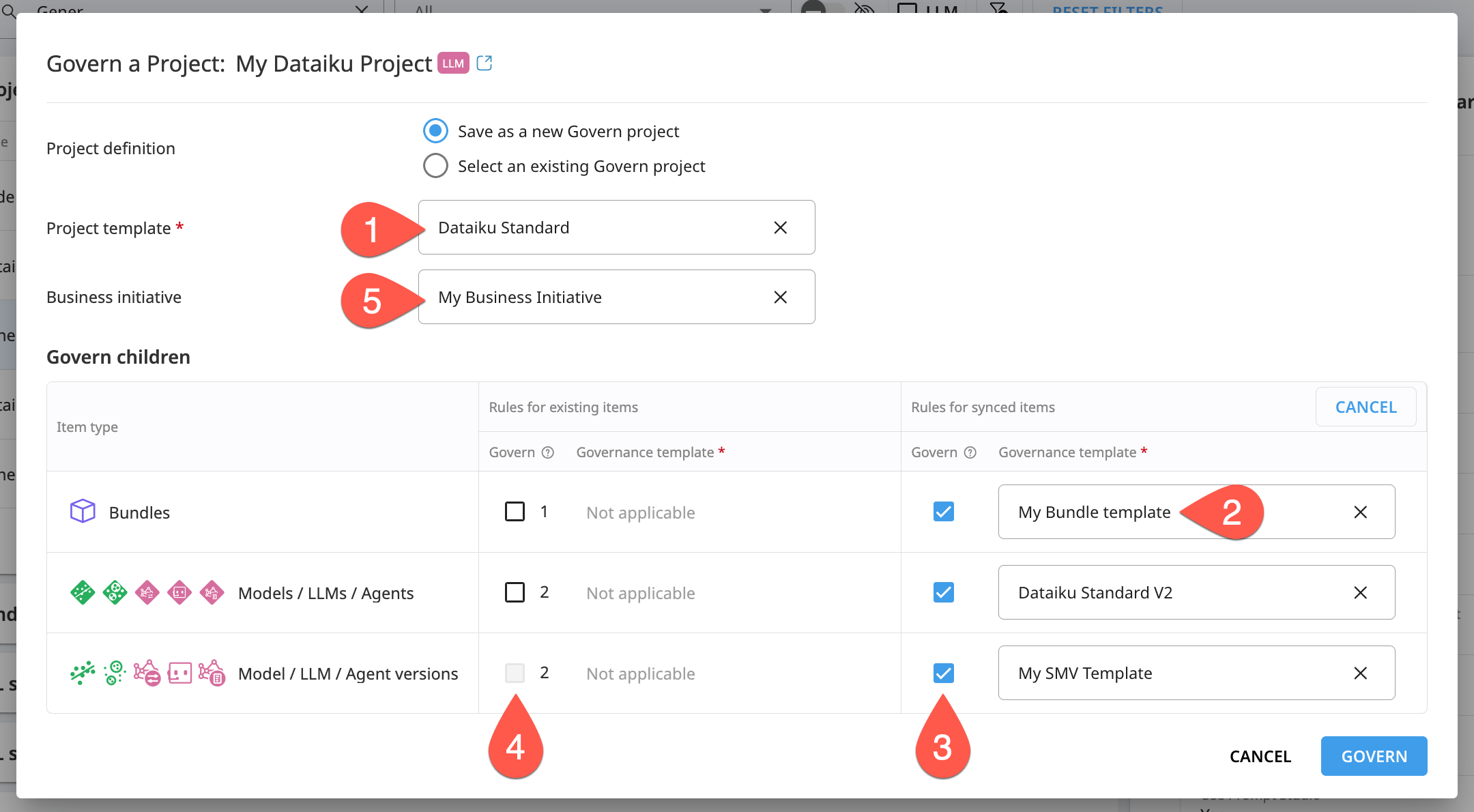 Dataiku screenshot of the dialog to govern a Dataiku project.