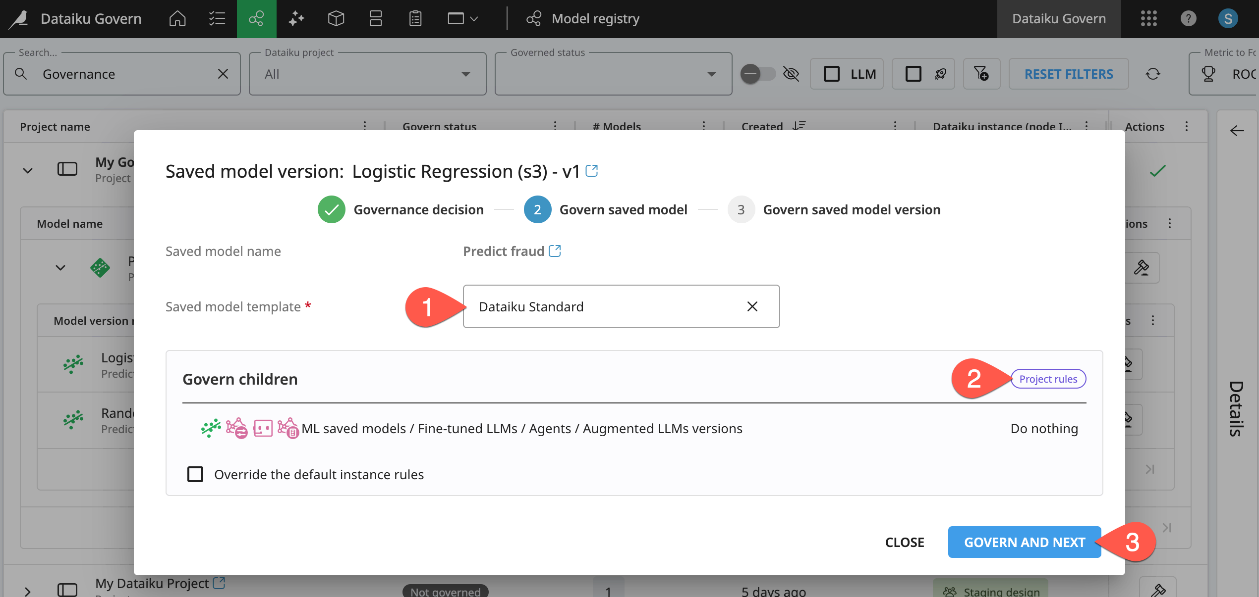 Dataiku screenshot of a modal to govern a saved model according to project rules.