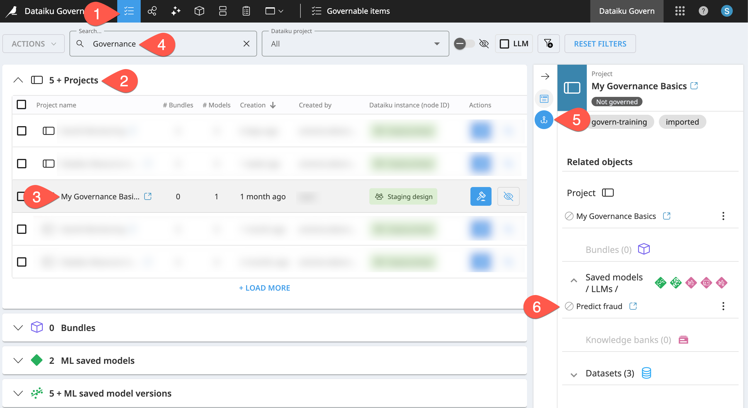 Dataiku screenshot of the Governable items page.
