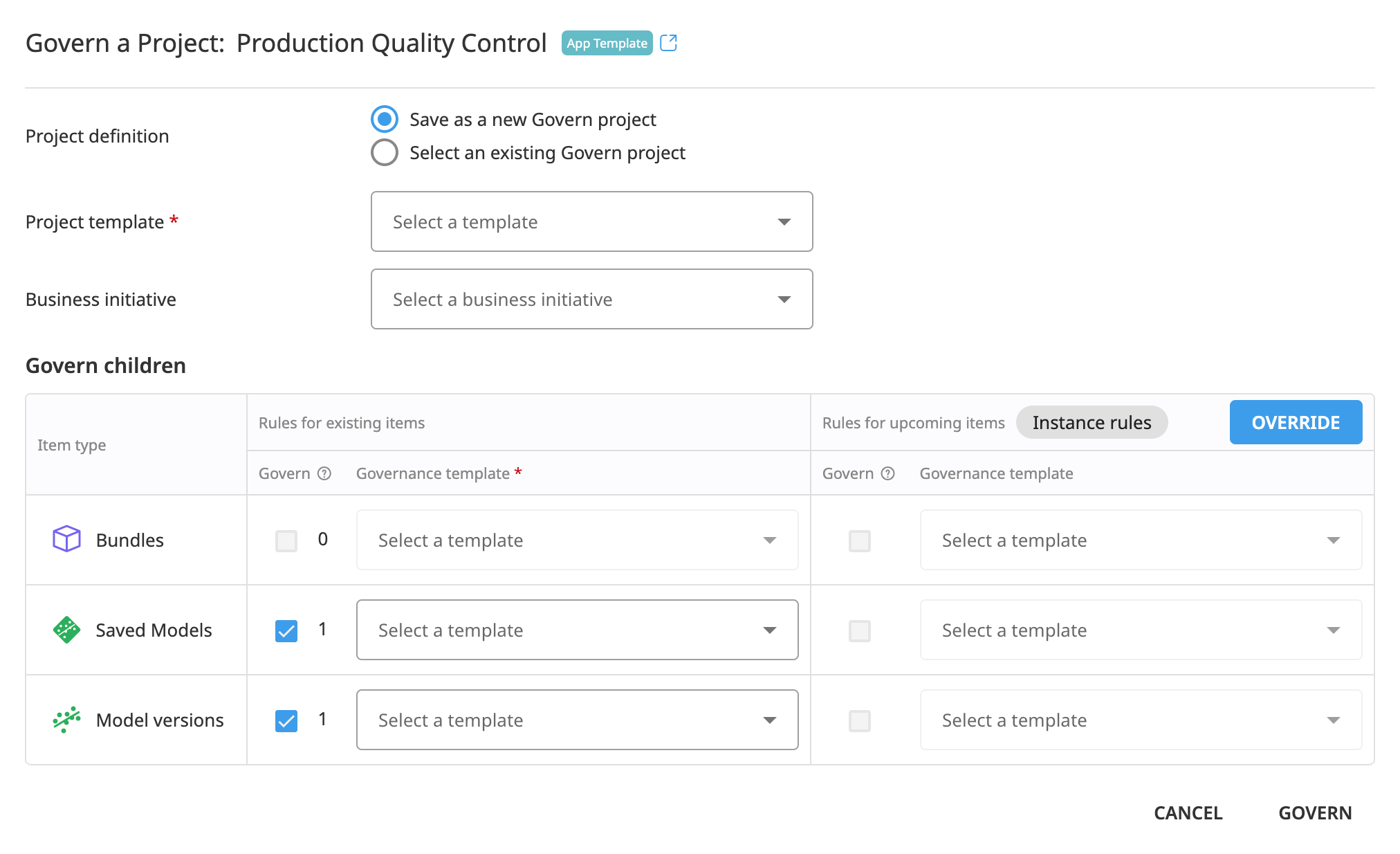 The "Govern a Project" window default settings.