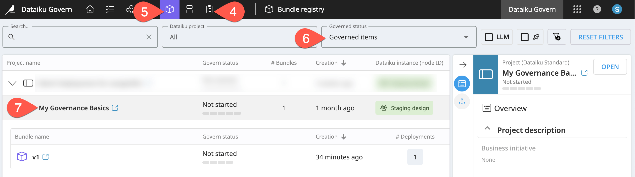 Dataiku screenshot of a governed bundle in the Bundle registry.