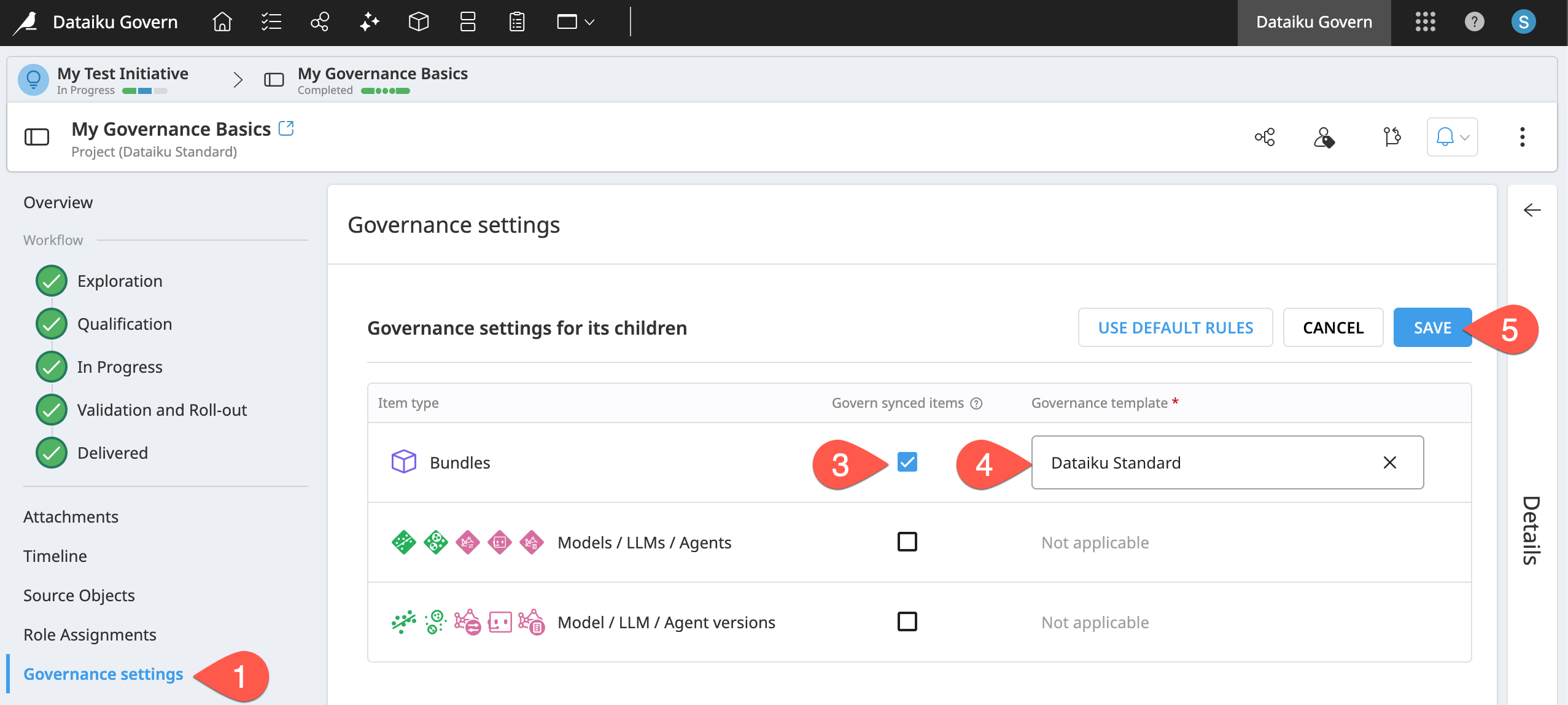 Dataiku screenshot of the Governance settings of a governed project.