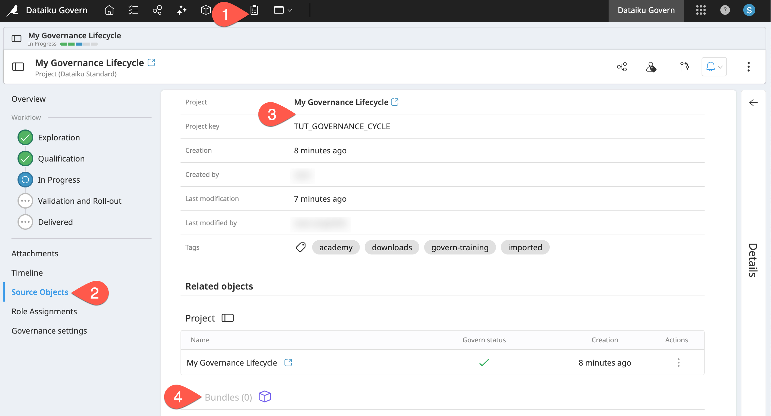 Dataiku screenshot of the Source Objects panel of a governed project showing no bundles.