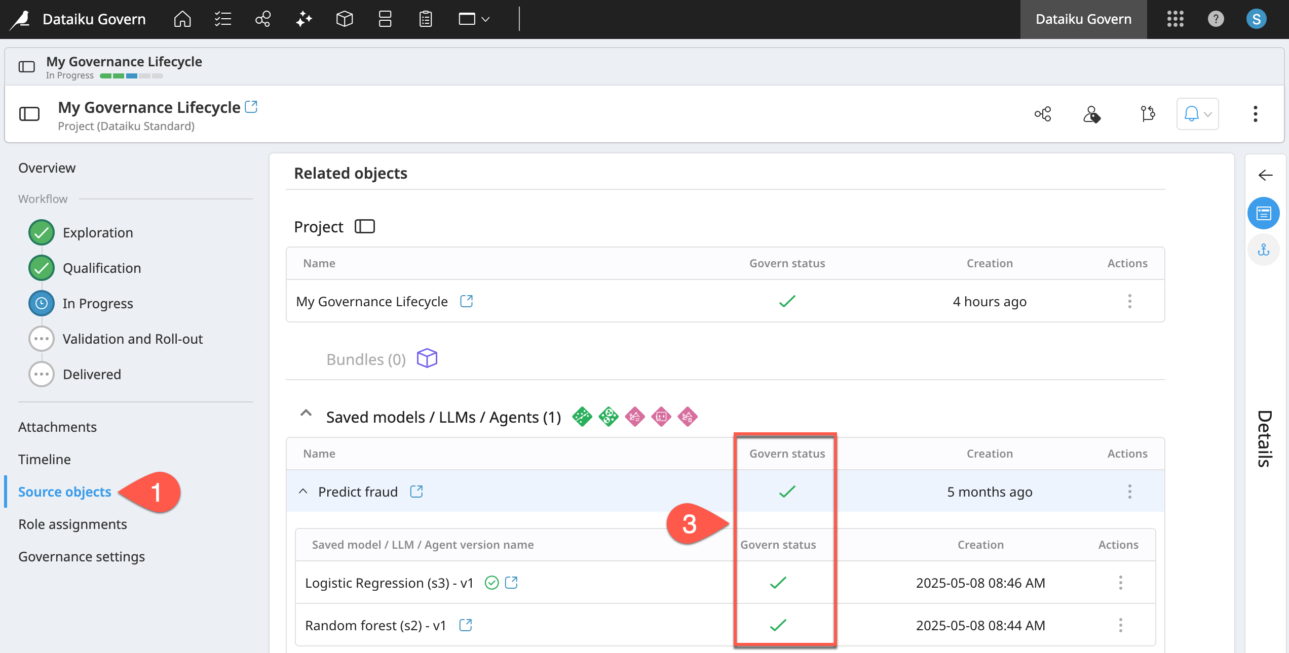 Dataiku screenshot of the Source Objects panel of a governed project.