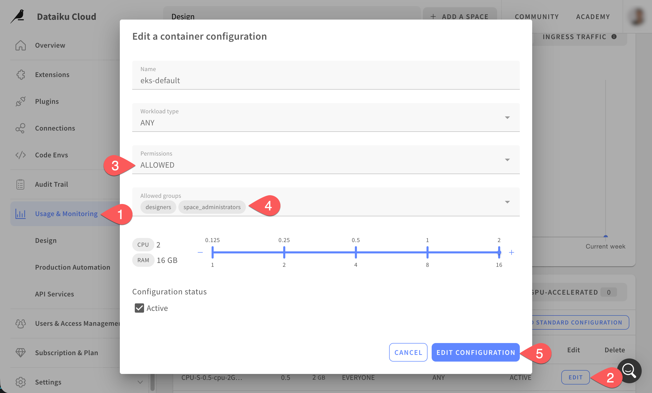 Screenshot of the permissions tab of a cluster in Dataiku Cloud Launchpad.