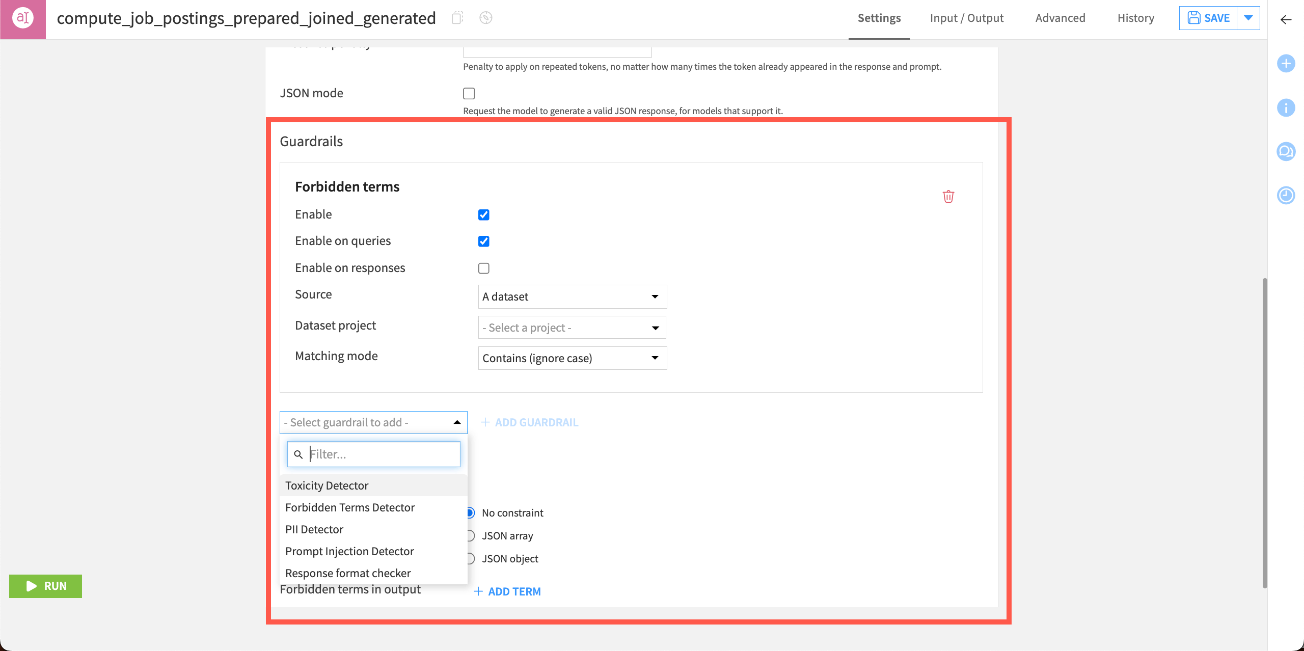 Screenshot of the Guardrails settings in the Prompt recipe.