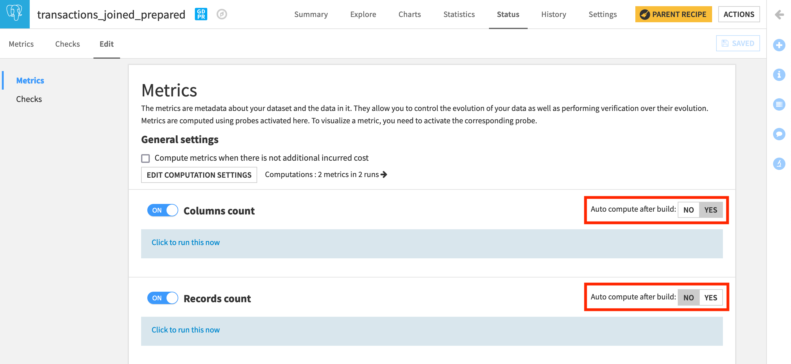 Dataiku screenshot of the Edit Metrics page of a dataset showing how metrics can be auto-computed or not.