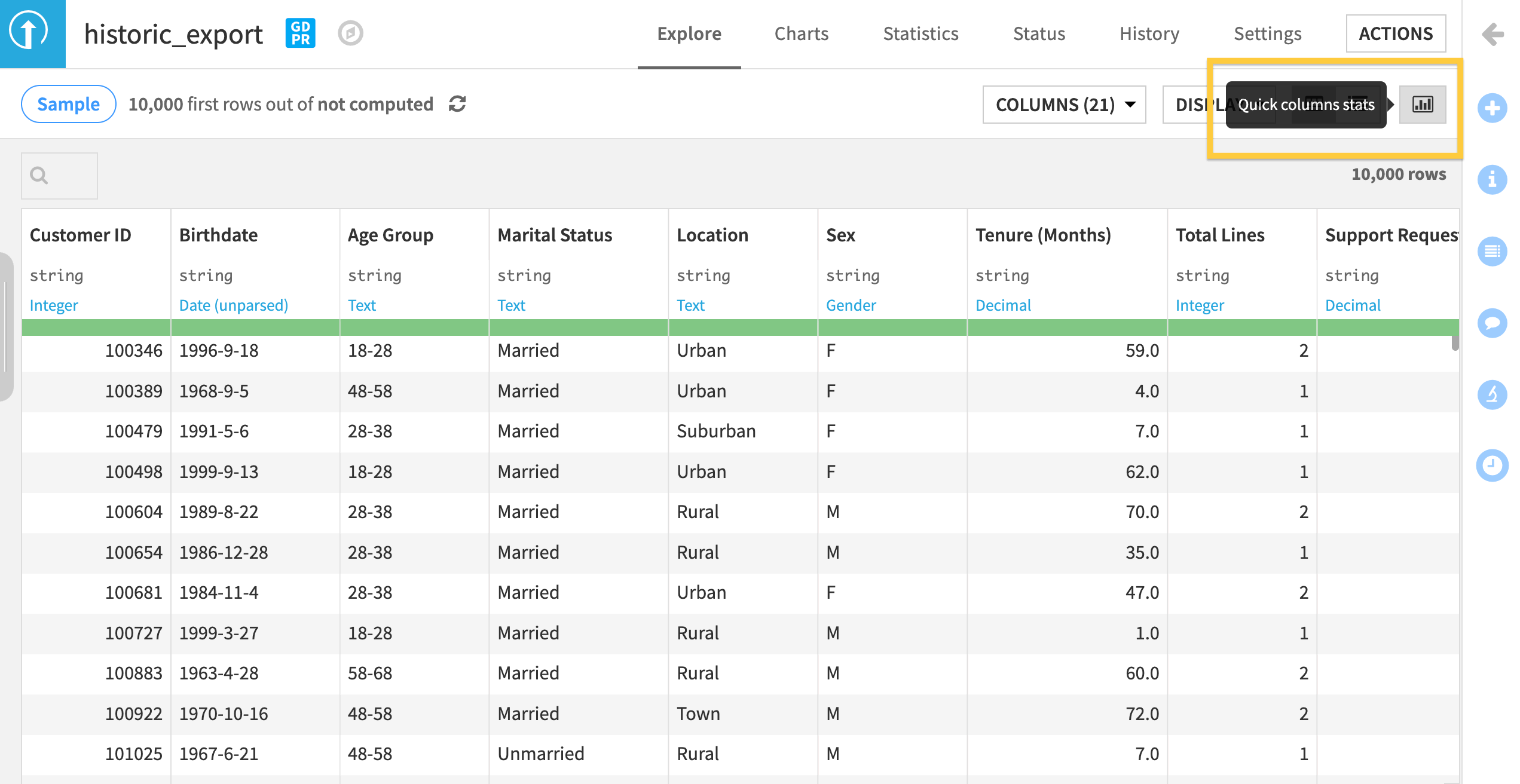 A screenshot showing the quick column stats button.