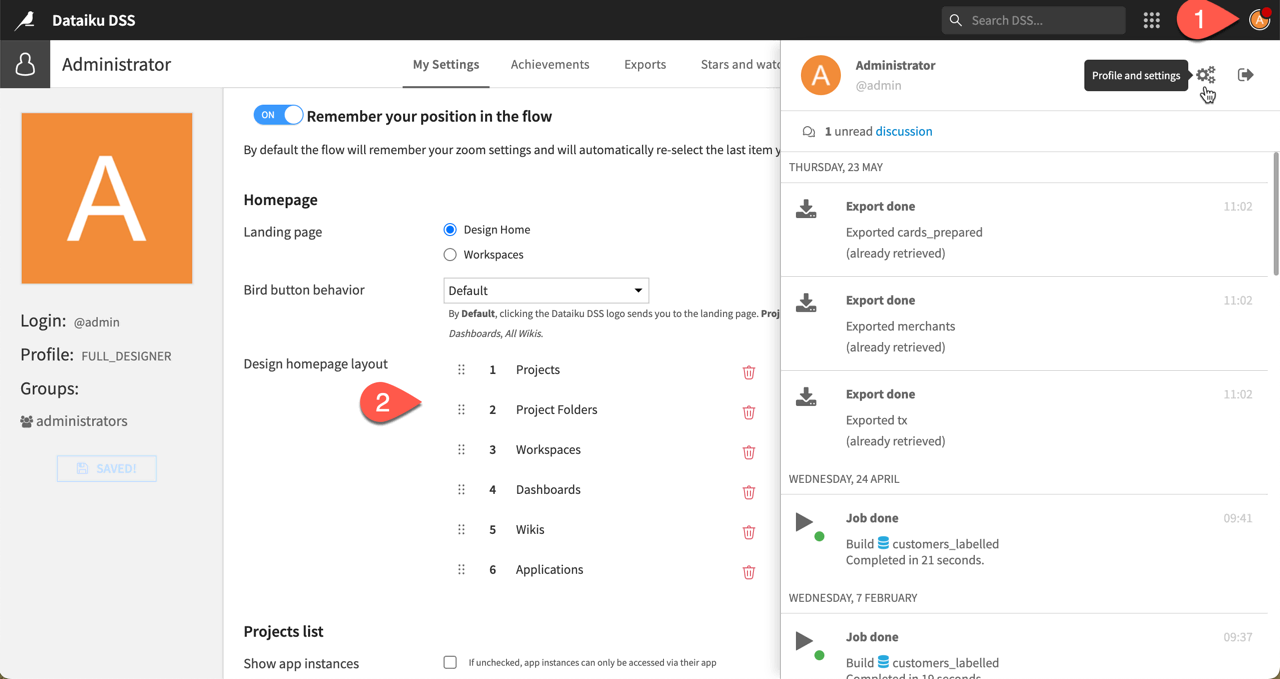 Configurable Dataiku homepage profile settings.