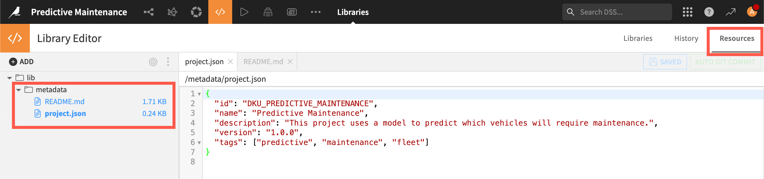 Screenshot of the project.json file to add project metadata.